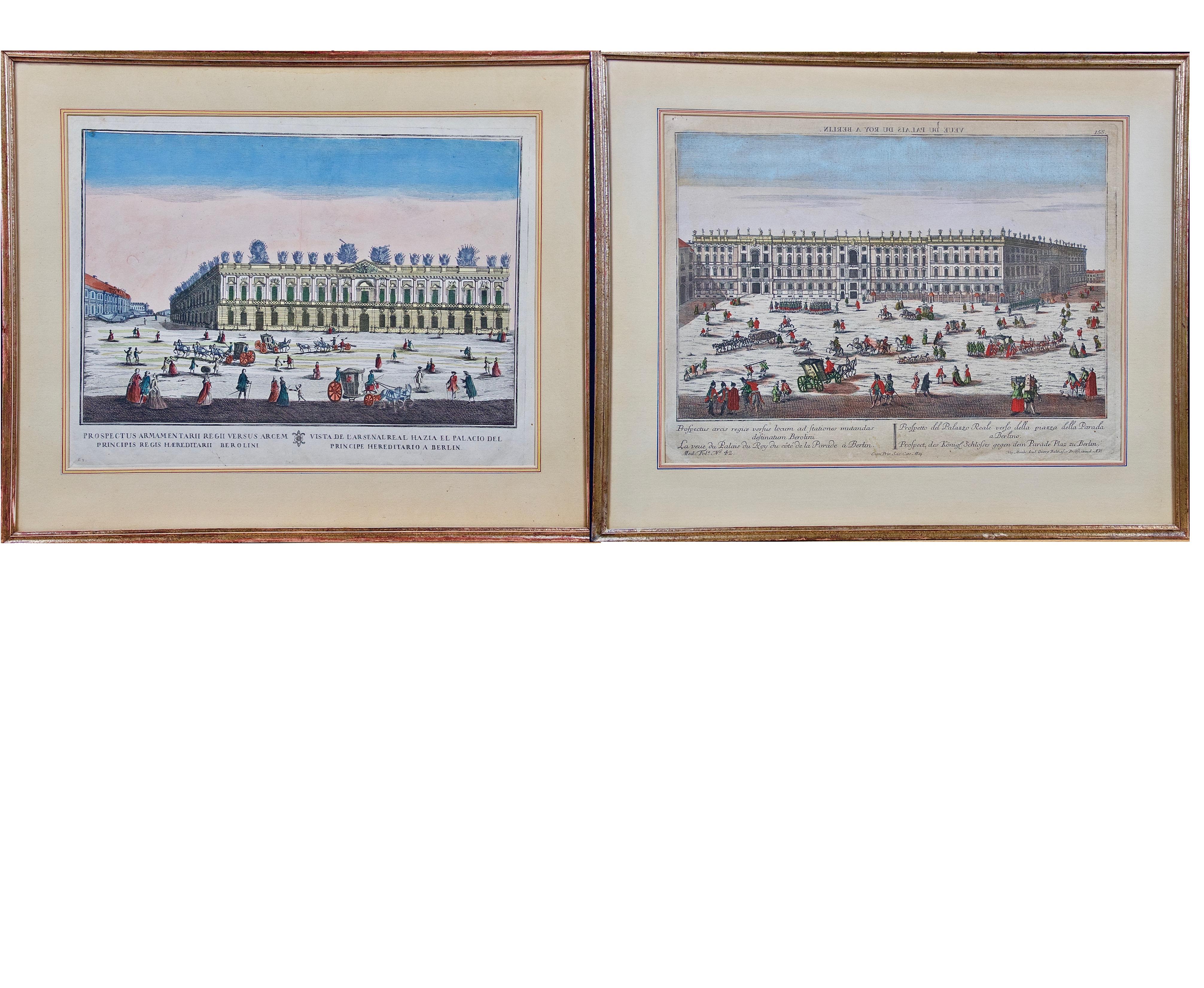 Georg Balthasar Probst Landscape Print - A Pair of Hand Colored Probst Vue d’optique Engravings of Berlin Architecture