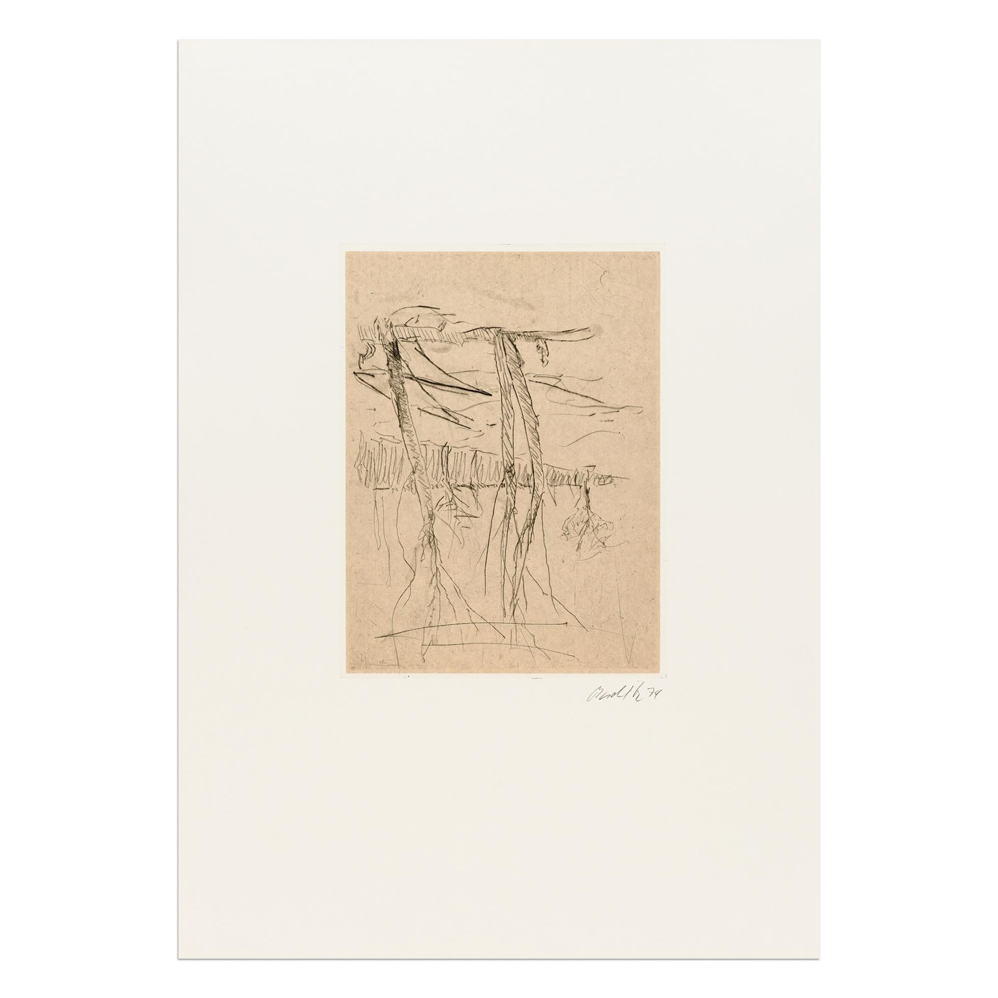 Georg Baselitz (Deutscher, geboren 1938)
Bäume, 1974/75
Medium: Radierung und Aquatinta auf Papier
Abmessungen: 70 × 50 cm (27 3/5 × 19 7/10 in)
Auflage von 30 Stück: handsigniert und nummeriert