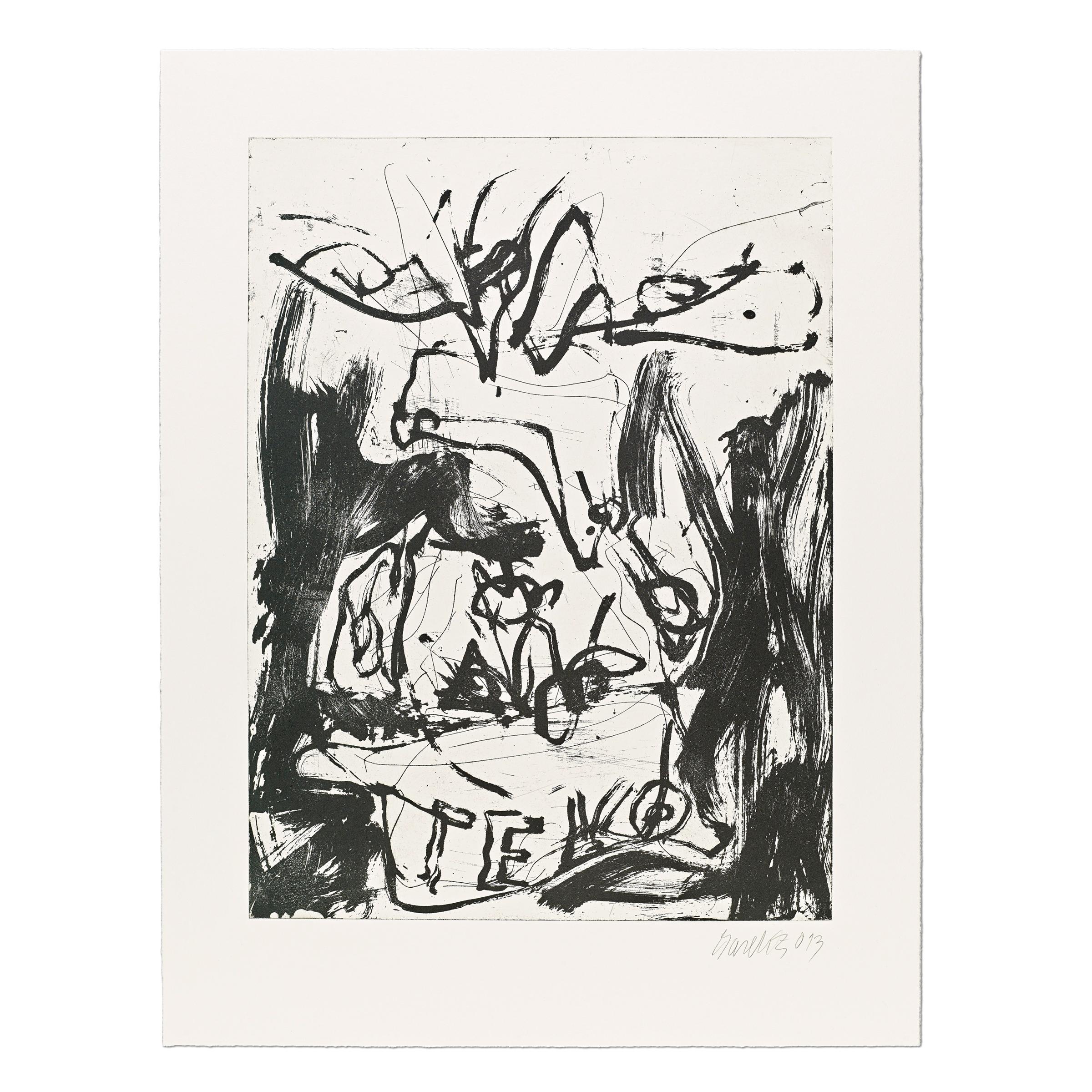 Georg Baselitz (German, b. 1938)
Untitled #4 (from Farewell Bill), 2013
Medium: Aquatint and line etching on wove paper
Dimensions: 85.1 x 64.9 cm
Edition of 15: Hand-signed and numbered
Condition: Excellent