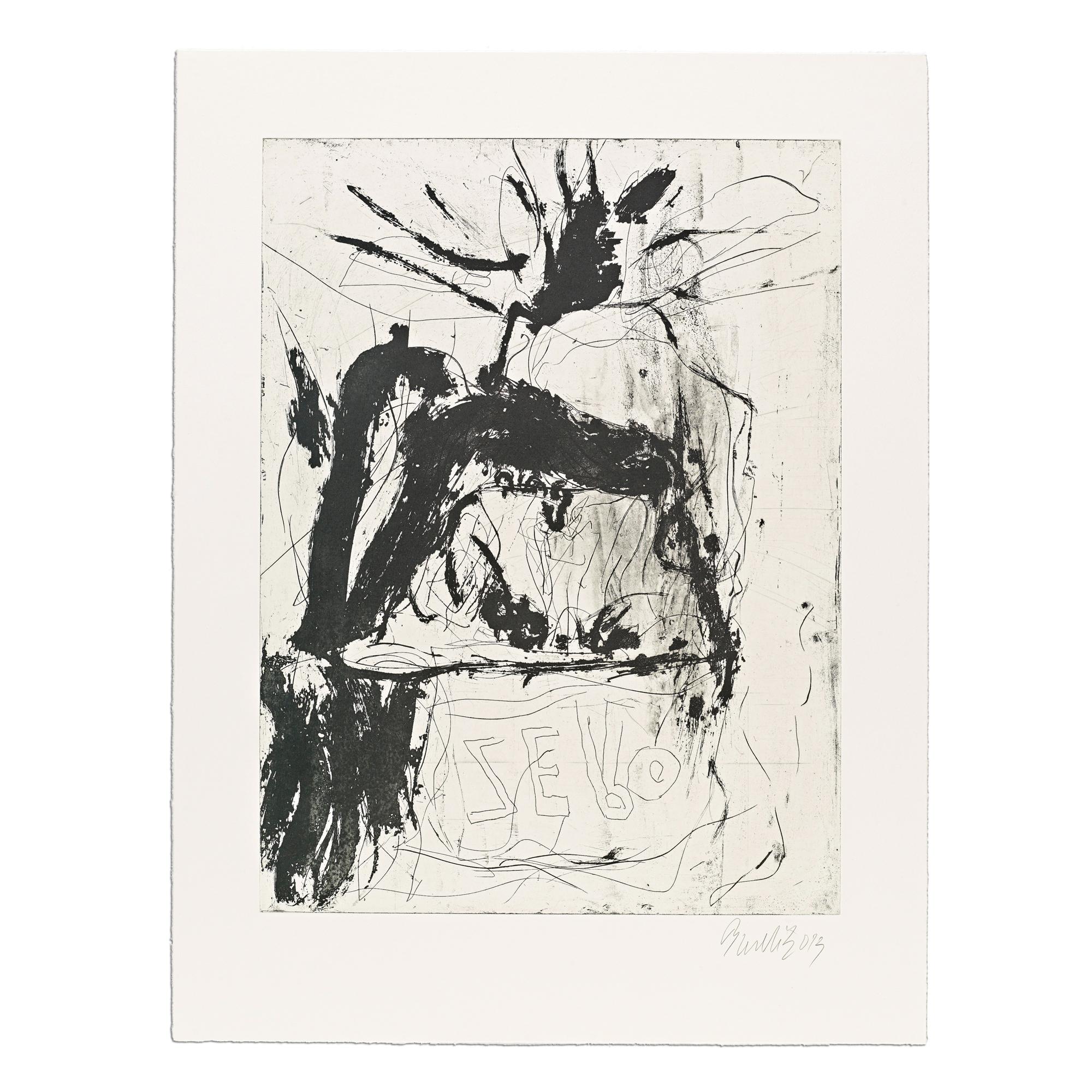 Georg Baselitz (German, b. 1938)
Untitled #7 (from Farewell Bill), 2013
Medium: Aquatint and line etching on wove paper
Dimensions: 85.1 x 64.9 cm
Edition of 15: Hand-signed and numbered
Condition: Excellent