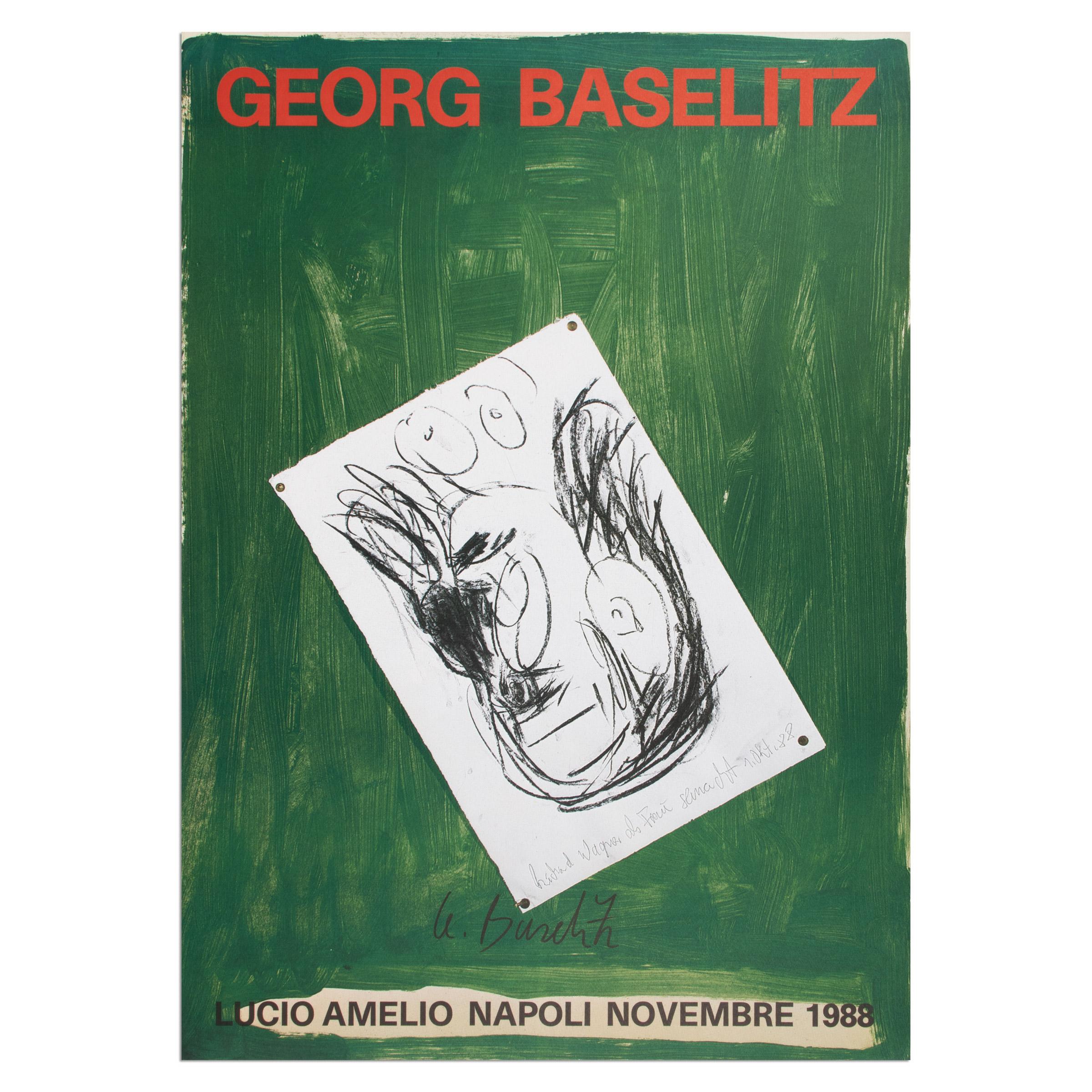 Georg Baselitz, Cartel de exposición firmado, Galería Lucio Amelio, 1988