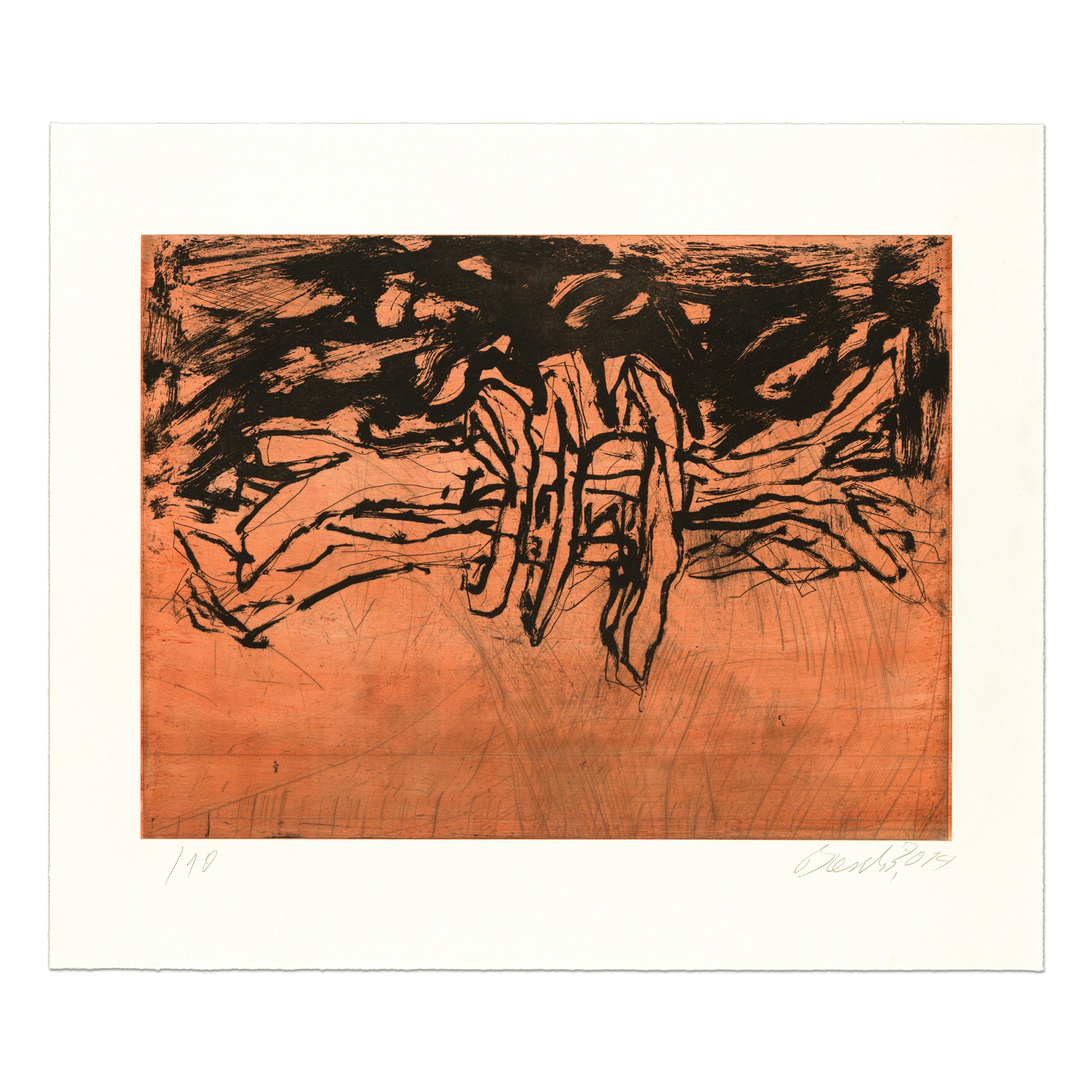 Georg Baselitz (German, born 1938)
Winterschlaf I, 2014
Medium: Line etching and sugar lift aquatint on wove paper
Dimensions: 69 x 82 cm
Edition of 10: Hand-signed, numbered and dated
Condition: Excellent