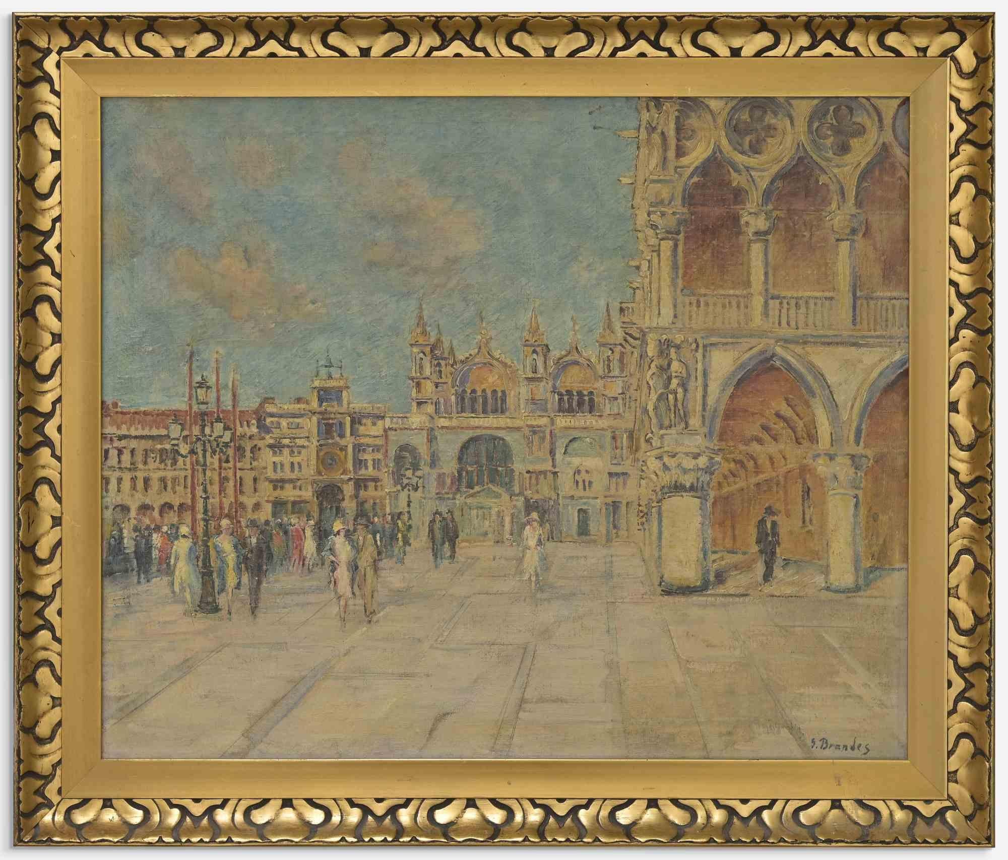 View of St. Mark's Square and Doge's Palace in Venice is an artwork realized by Georg Brandes (1878 - 1952). 

Oil Painting, Early 20th Century.

56x68 cm; h70 x l82 with frame. 

Handsigned in the lower right margin.

Good condition.