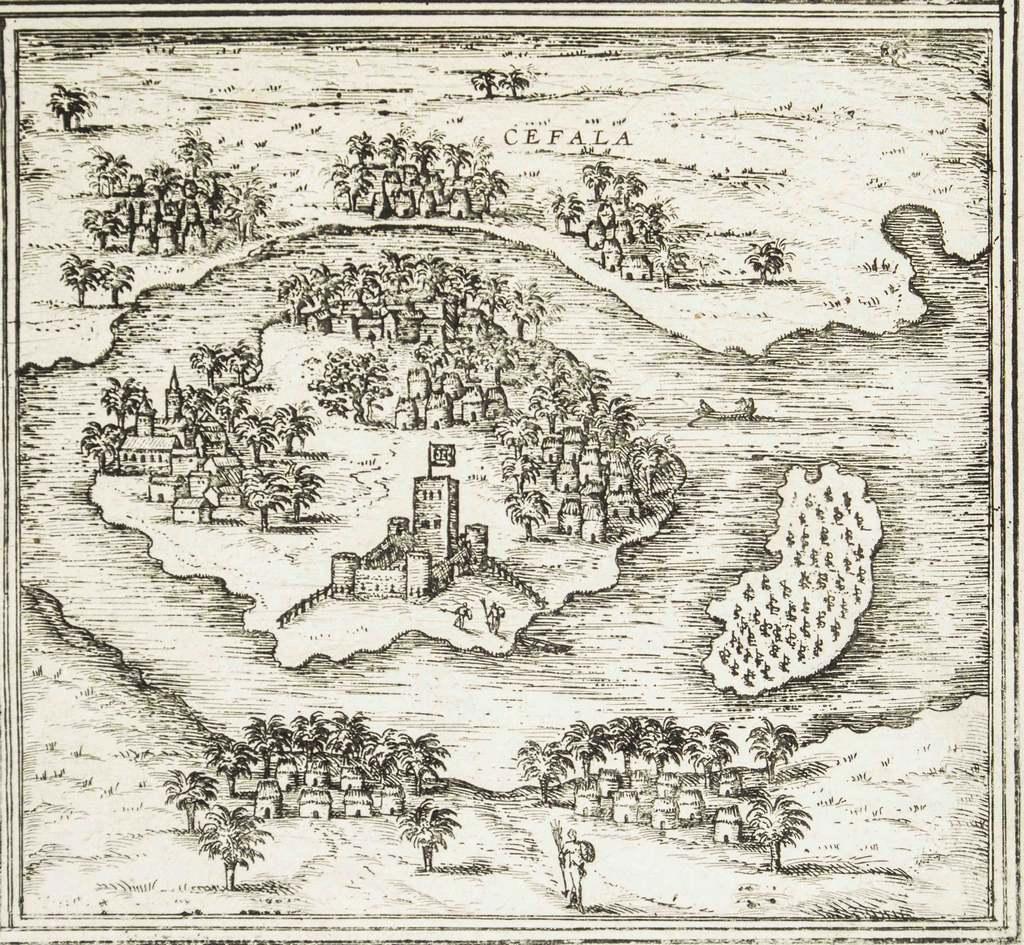 Georg Braun and Franz Hogenberg Landscape Print – [Civitates Orbis Terrarum]Map of Cefal - Radierung von G. Braun/F. Hogenberg - 1575
