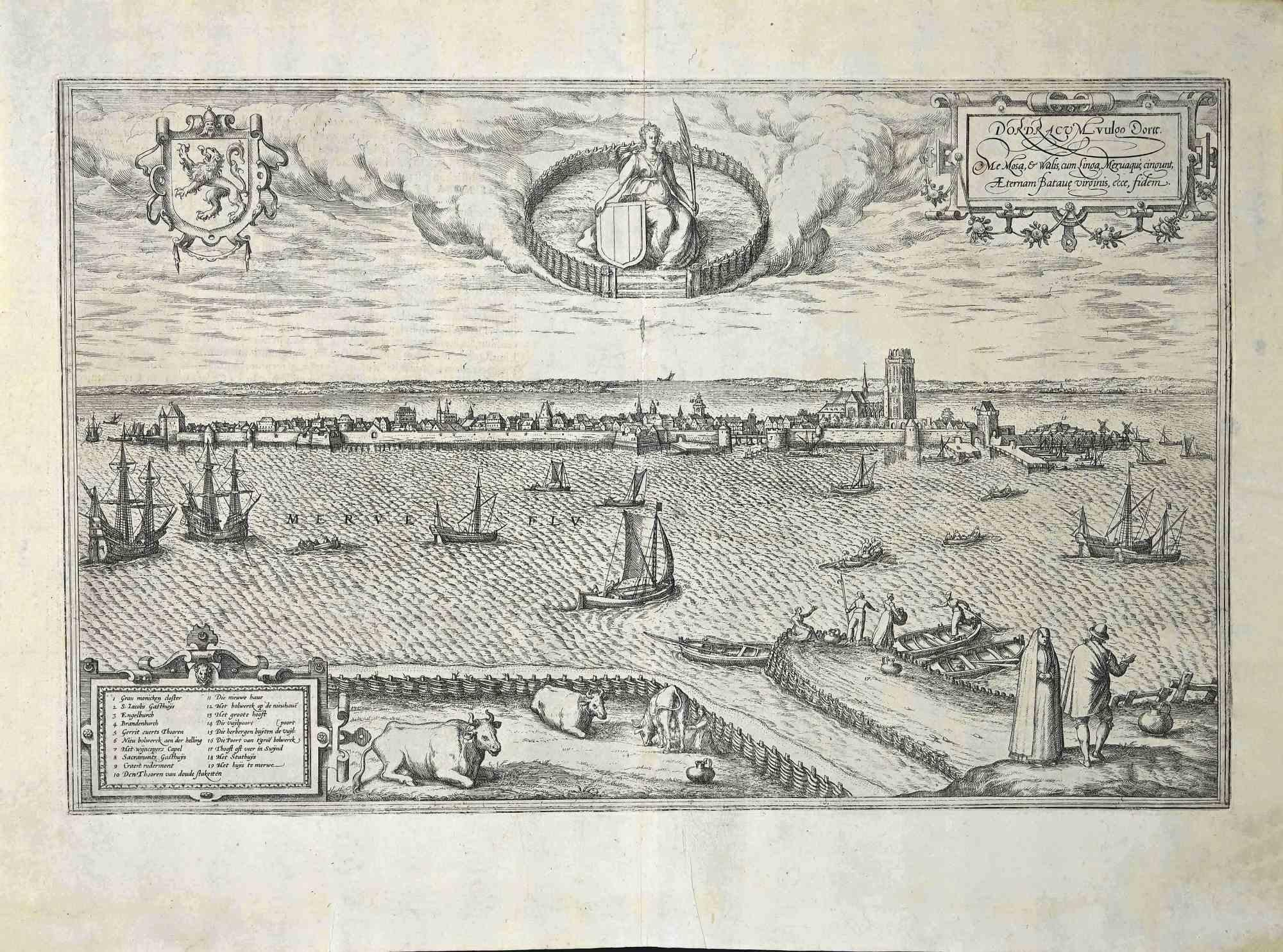 Georg Braun and Franz Hogenberg Figurative Print - Map of Dordrecht - Etching by G. Braun/F. Hogenberg - Late 16th Century
