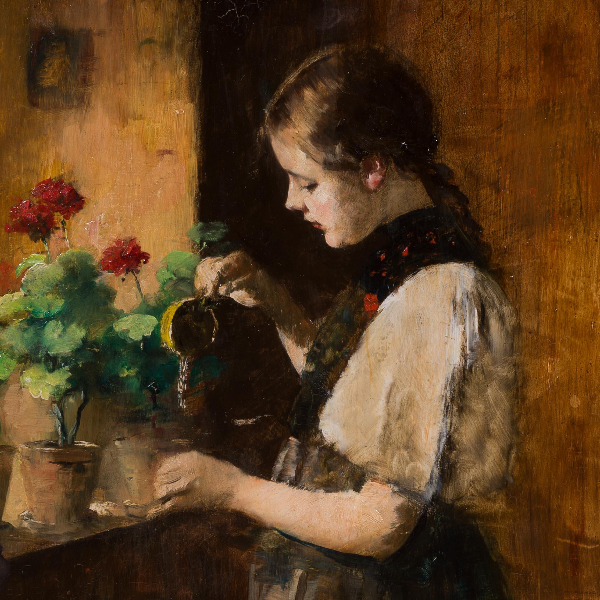Junges Mädchen beim Blumengießen - Intime Genreszene aus dem 19. (Braun), Figurative Painting, von Georg Büchner