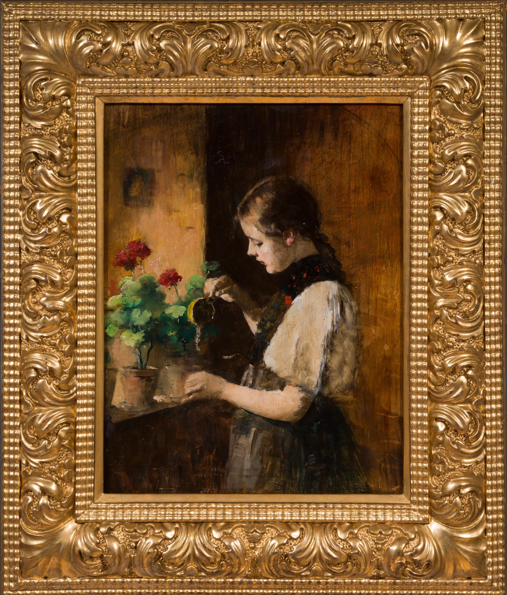 Jeune fille arrosant des fleurs - Scène de genre intime du 19e siècle