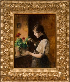 Young Girl Watering Flowers – Intimate 19th Century Genre Scene