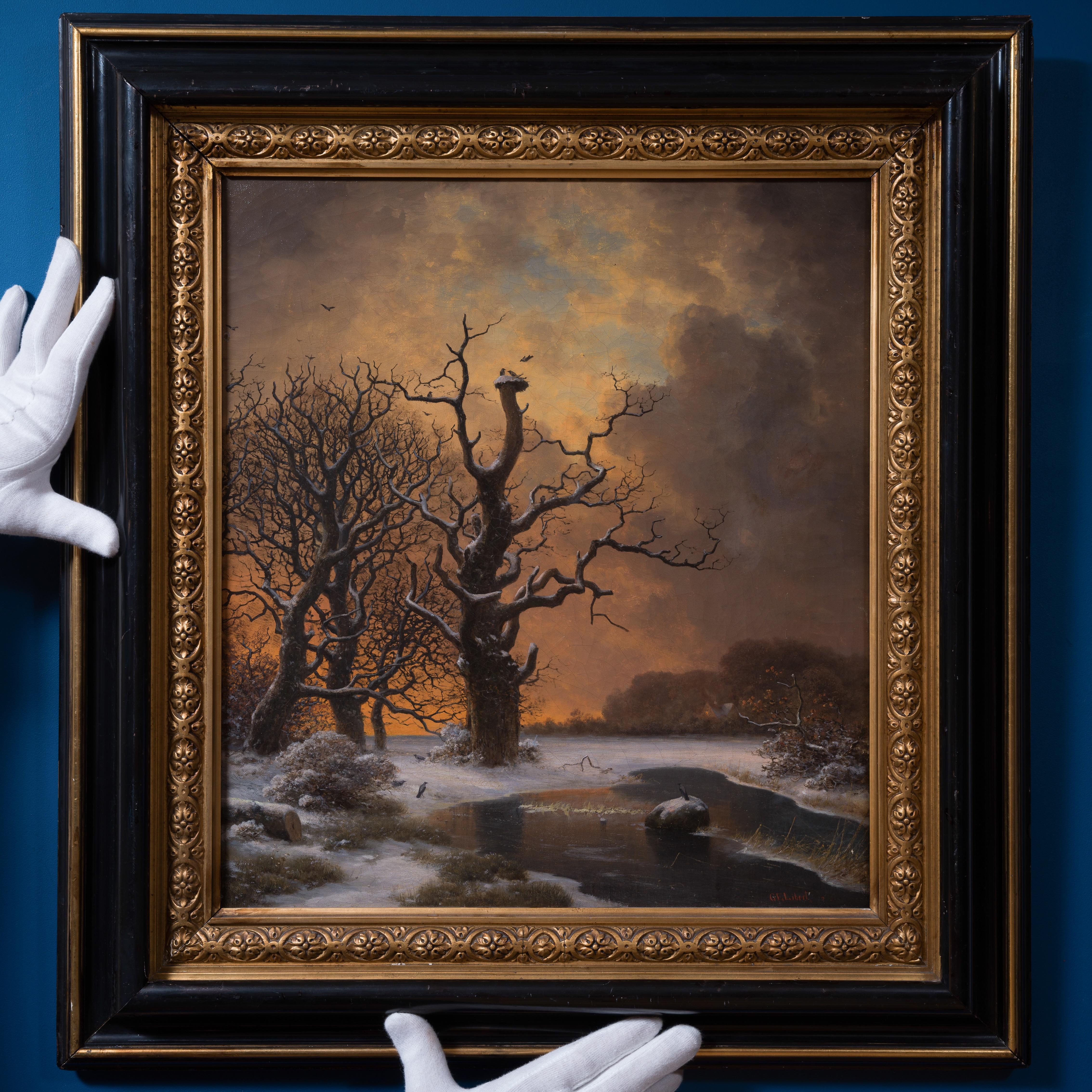 A. Winter Baum mit Krähen in der Abenddämmerung – Painting von Georg Emil Libert