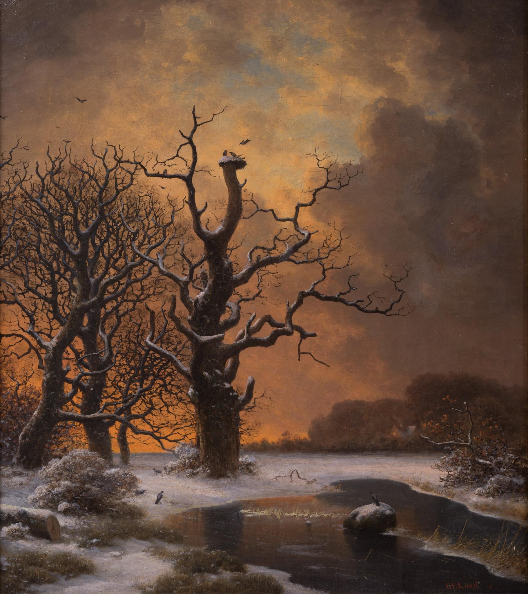 A. Winter Baum mit Krähen in der Abenddämmerung (Romantik), Painting, von Georg Emil Libert
