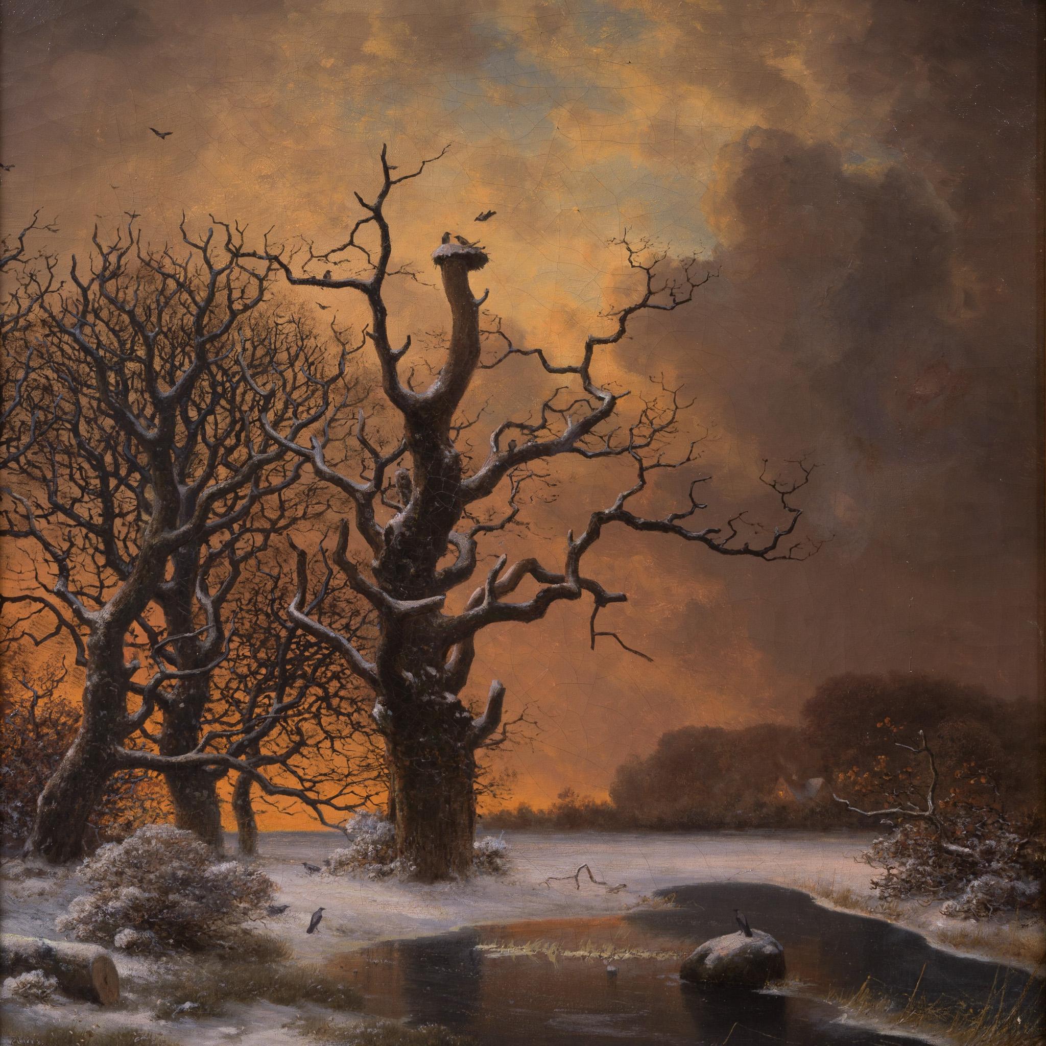 A. Winter Baum mit Krähen in der Abenddämmerung (Schwarz), Animal Painting, von Georg Emil Libert