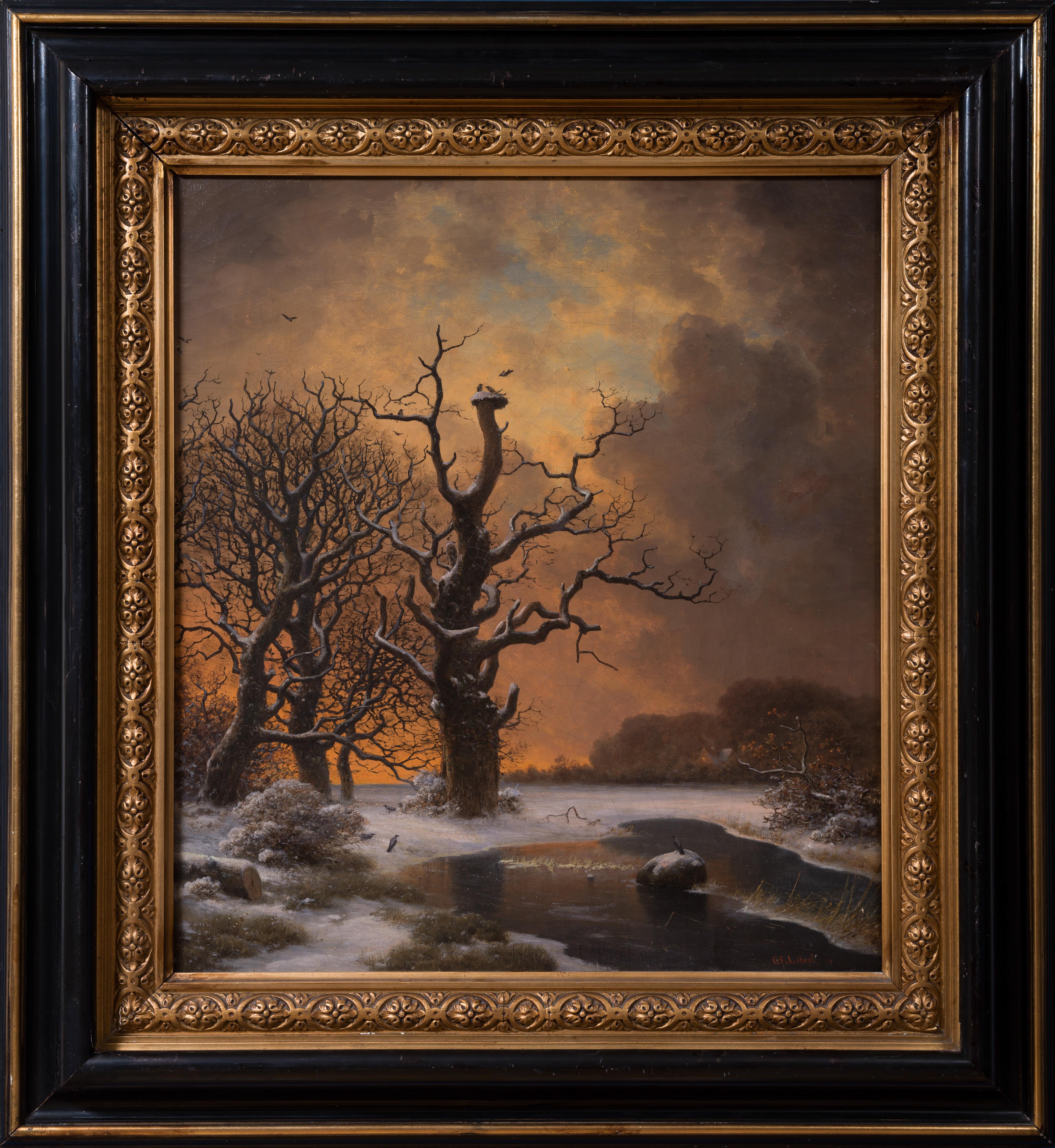 Georg Emil Libert Animal Painting – A. Winter Baum mit Krähen in der Abenddämmerung