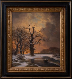 Antique Winter Tree with Crows at Dusk