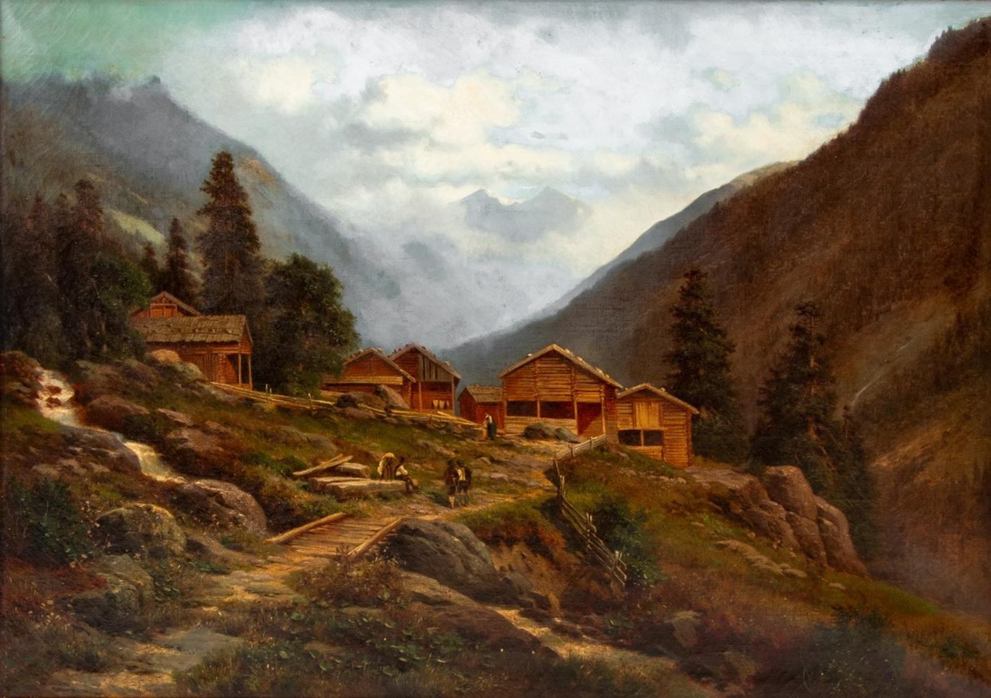 Alpine Mountain Village, Öl auf Leinwand, 1934 – Painting von Georg Engelhardt