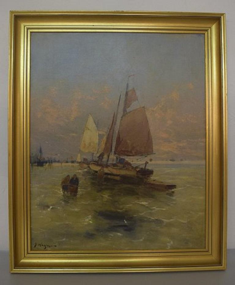 Georg Fischhof, Joh. Wagner, 1859-1914/20 (Austria)
The catch is carried ashore.
Oil on canvas.
Signed: J. Wagner.
Measures (without the frame) 68 cm. x 54 cm. The frame measures 6.5 cm.
In perfect condition.
