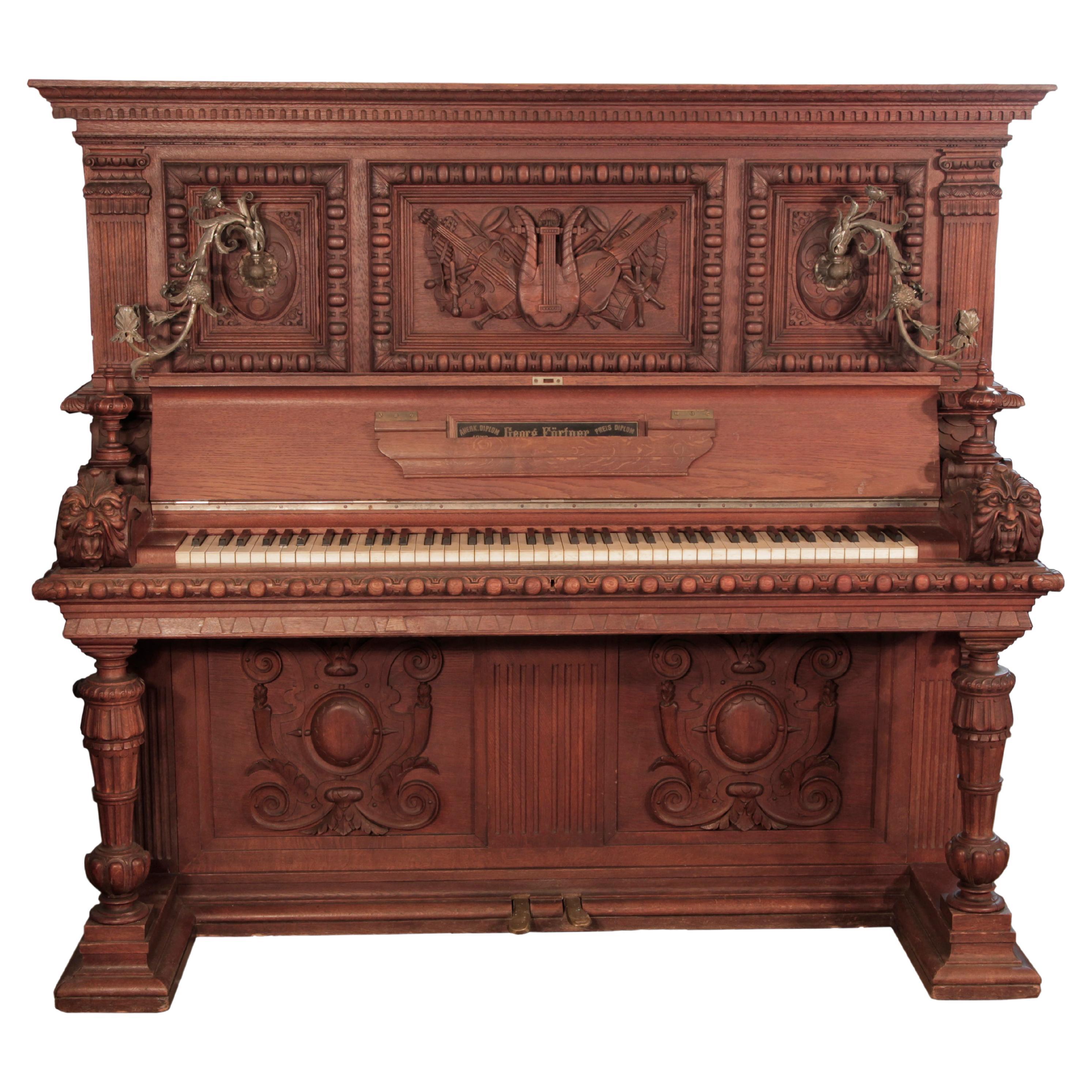 Georg Fortner Upright Piano Mahogany High Relief Carvings by Julius Bechler