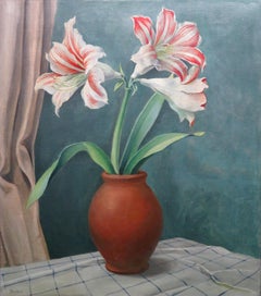 Original Still Life Of Amaryllis Flower Oil Painting c. 1930s by Georg Gunther