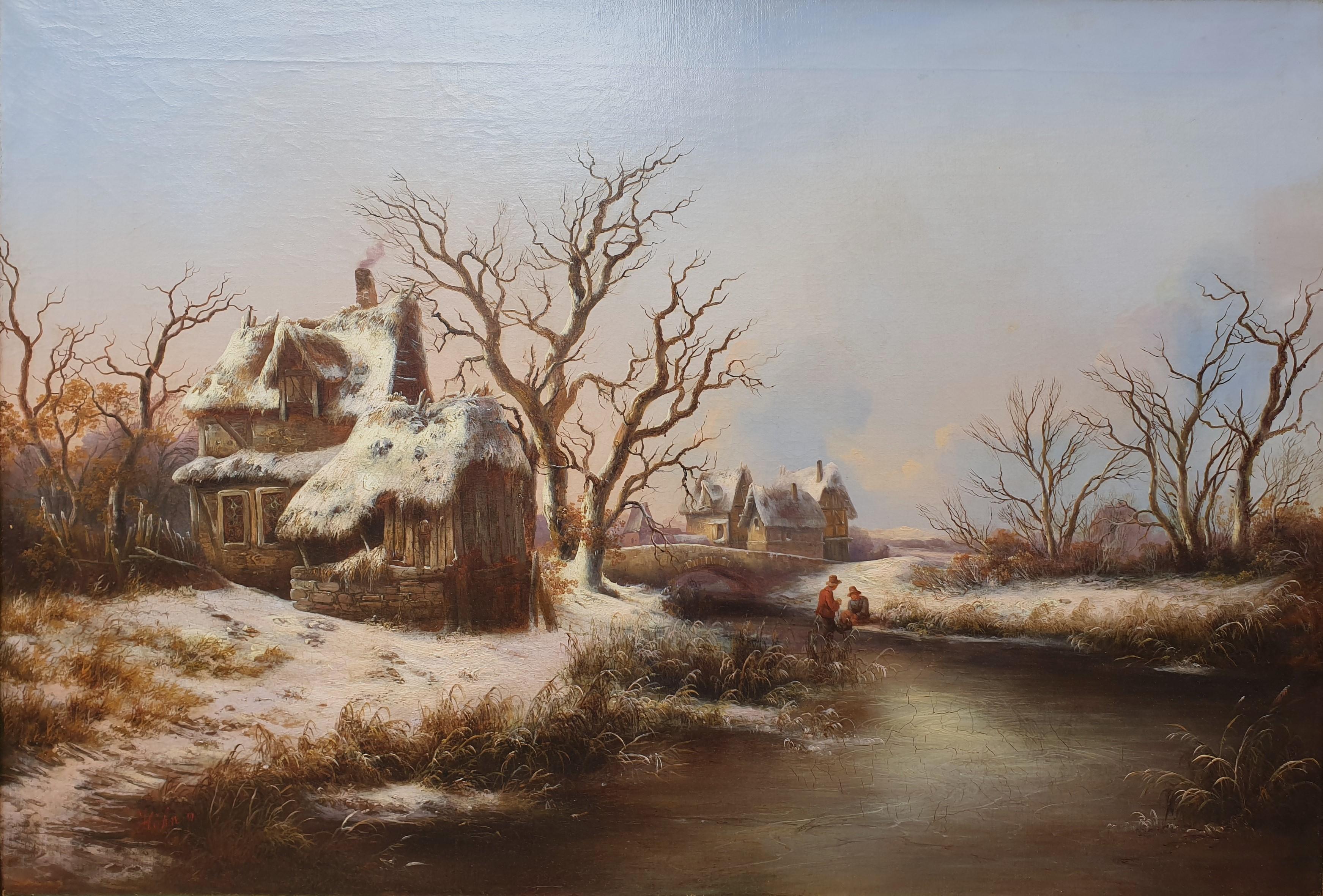 Georg HÖHN peintre romantique allemand paysage neige grand tableau 19ème  en vente 1