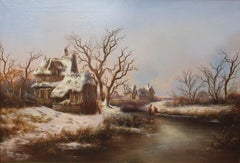 Antique Georg HÖHN german romantic painter landscape snow large painting 19th