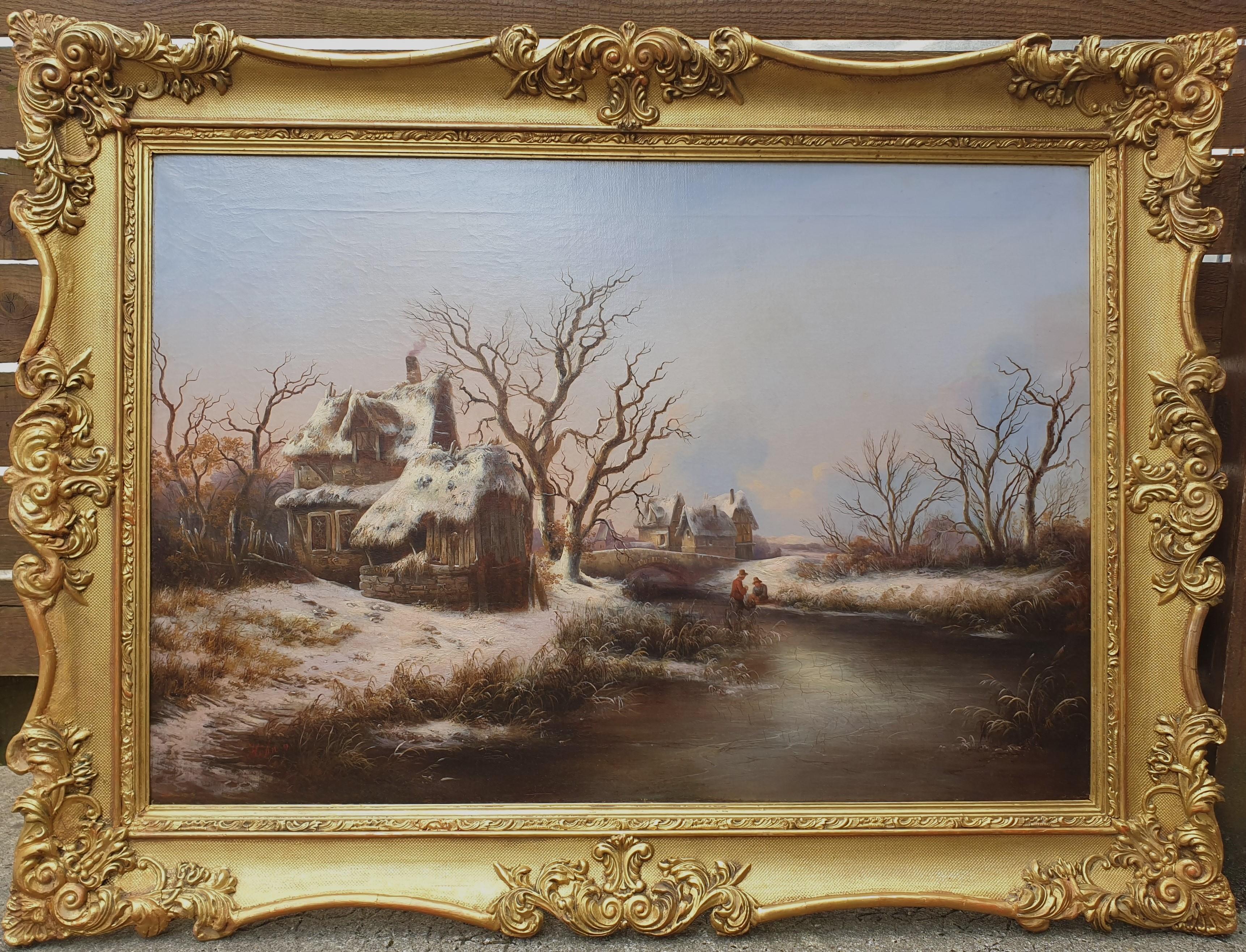 Georg HÖHN Neustrelitz, 1812 – Dessau, 1879
Oil on canvas 67 x 97 cm (89 x 120 cm with the frame)
Signed lower left “Hohn p.”
19th century gilded wood frame 

Georg Höhn is a 19th century German landscape painter, of the Romantic period. He attended