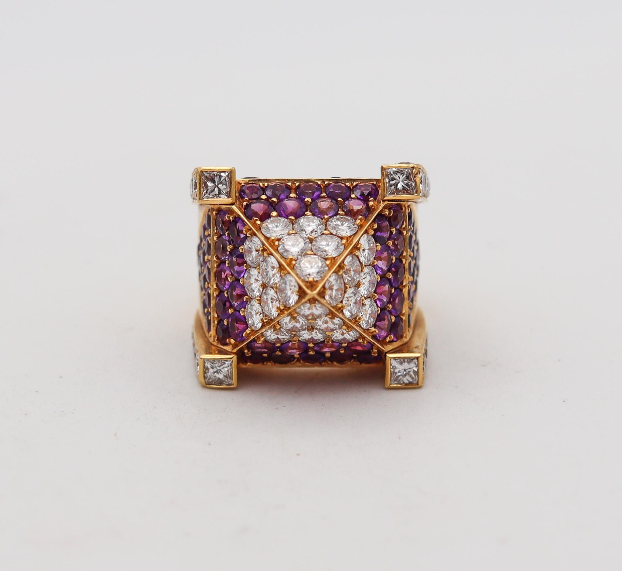 Modernist GEORG HORNEMANN Cocktail Ring In 18Kt Gold With 14.49 Ctw In Diamonds & Sapphire For Sale