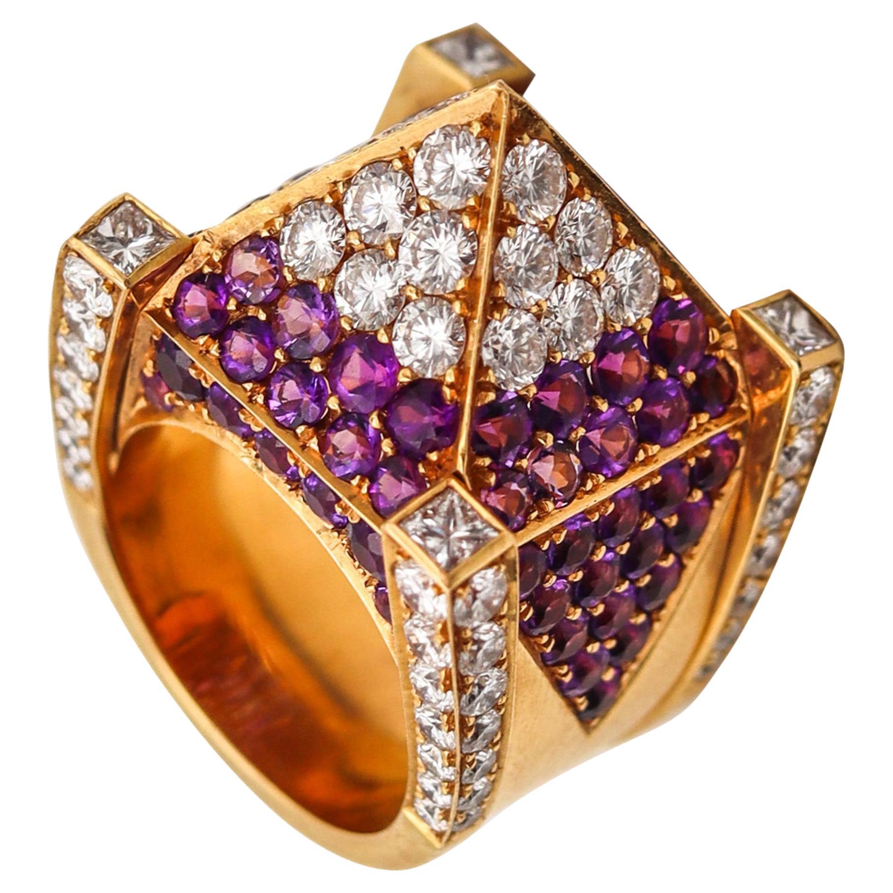GEORG HORNEMANN Cocktail Ring In 18Kt Gold With 14.49 Ctw In Diamonds & Sapphire
