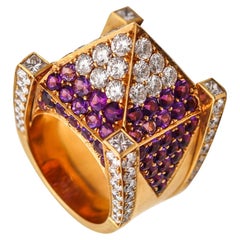 Retro GEORG HORNEMANN Cocktail Ring In 18Kt Gold With 14.49 Ctw In Diamonds & Sapphire