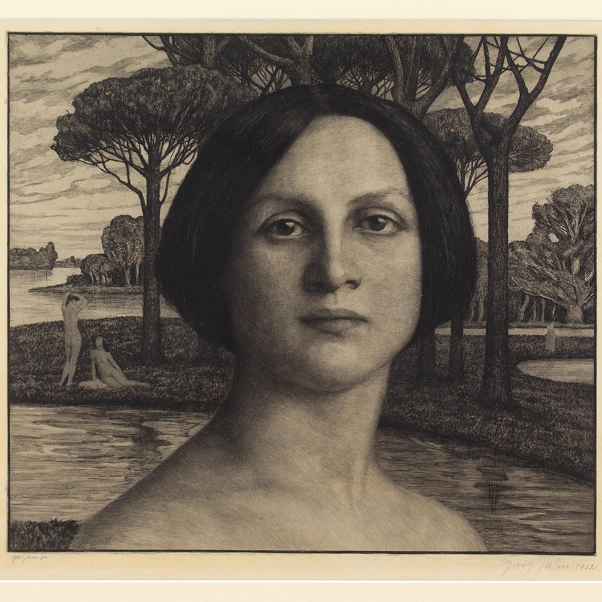 Georg Jahn, Portrait Of A Woman In A Mystical Garden, Etching 2