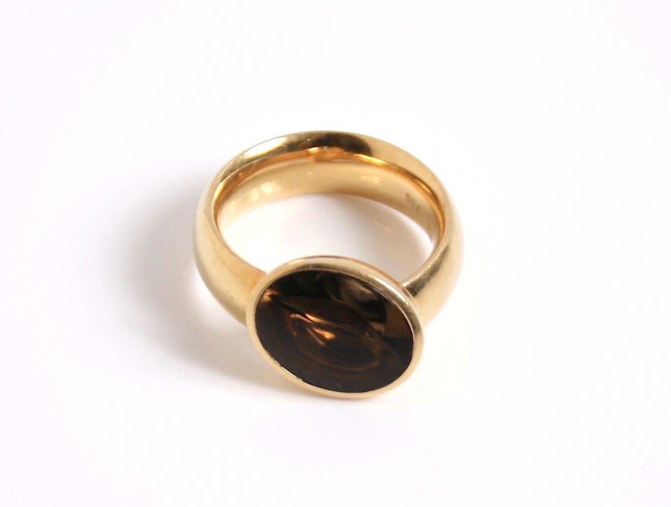 Modernist Georg Jensen 18 Karat Gold and Smokey Quartz Ring For Sale