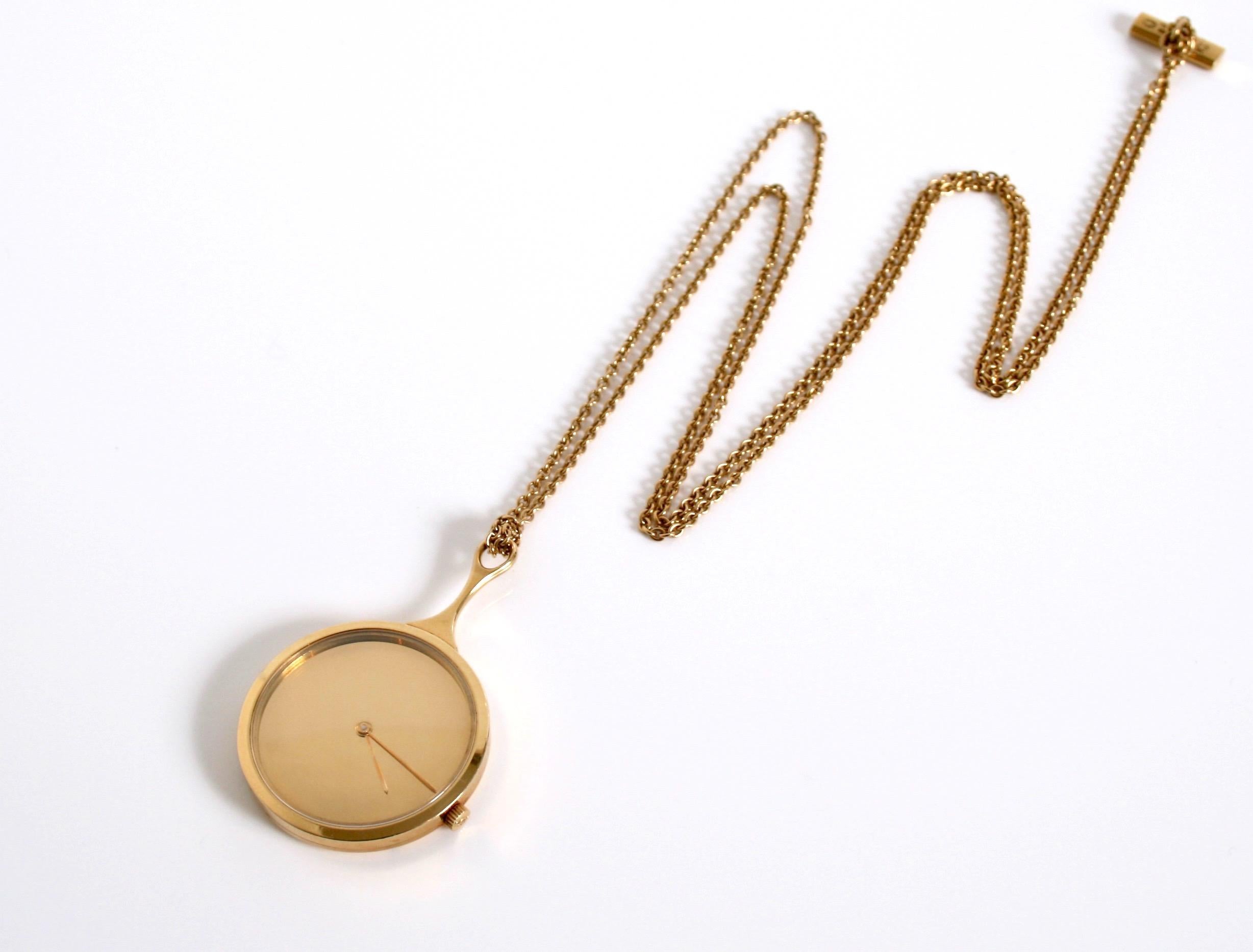 Rare Georg Jensen 18 Karat Gold Pendant Watch Designed by Vivianna Torun Bulow-Hube Denmark c1970
Rare piece Chopard movement gold mirror face

Design number 1225 comes in the original suede pouch
Chain length 40cm