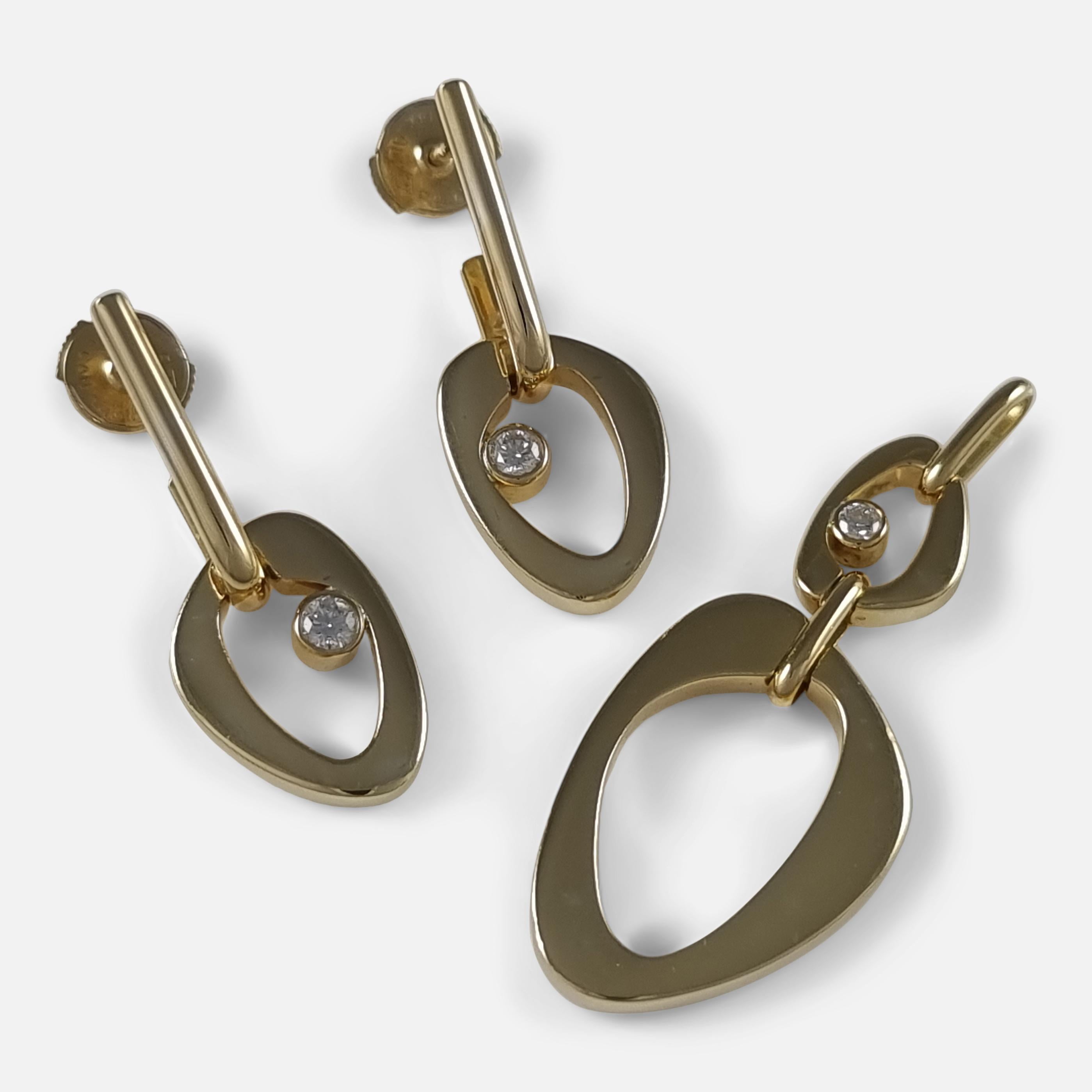 An 18ct yellow gold and diamond pendant and earrings set, designed by Lina Falkesgaard for Georg Jensen. 

The pendant is stamped with the Georg Jensen within dotted oval mark, '750', 'Denmark', and '1502'. The pair of earrings are stamped with the
