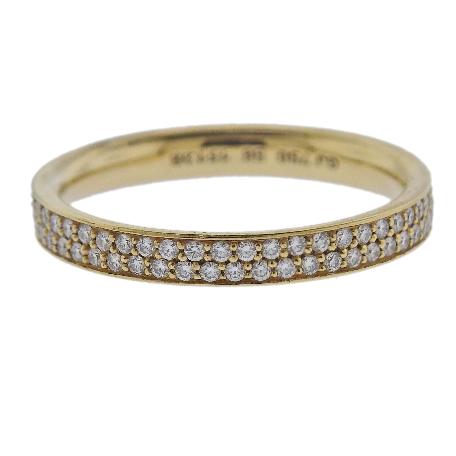 Brand new Georg Jensen 18K yellow gold double row diamond pave band ring set with 0.55ctw of G/VS diamonds. Ring measures 3mm wide and available in following sizes: 52,53,54,55,56. Model# 3570200. Marked: GJ, 750, ring size, 1513 B. Weigt is 3.3