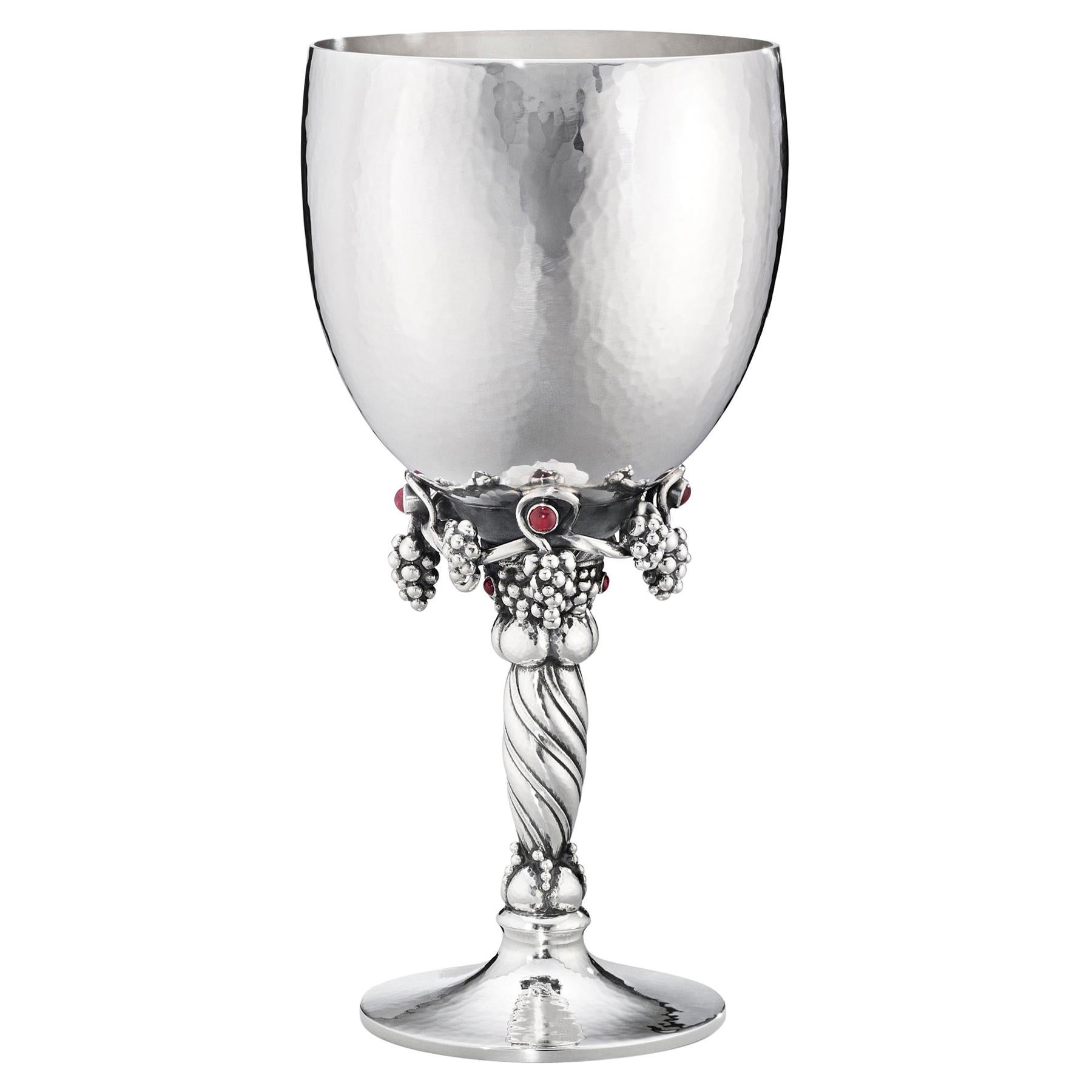 Georg Jensen 263A Handcrafted Sterling Silver Goblet with Rubies and Grape Motif For Sale