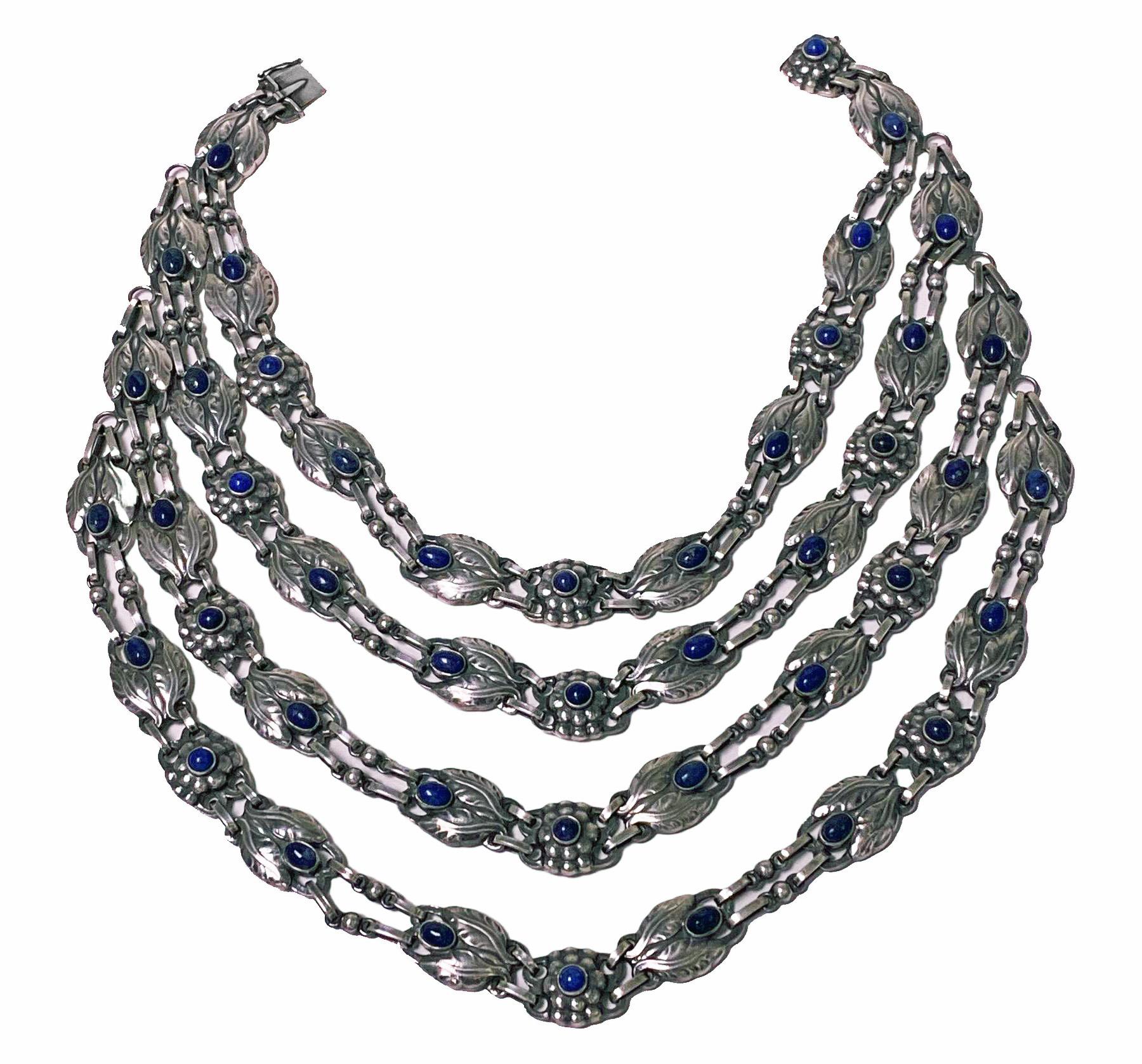 Art Nouveau Georg Jensen 4 strand Lapis and Sterling Silver Necklace C.1933 For Sale