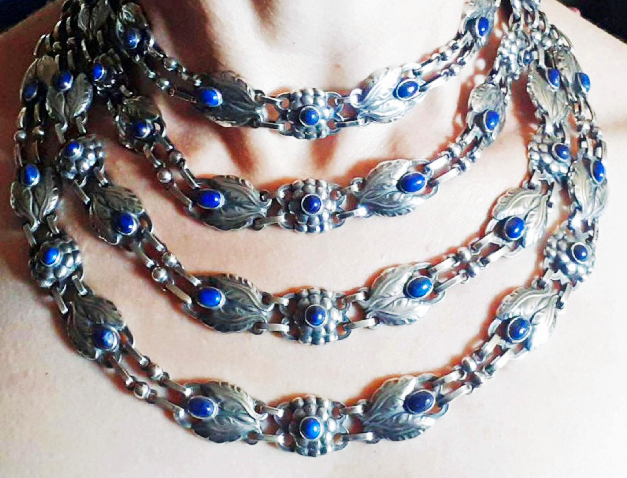 Georg Jensen 4 strand Lapis and Sterling Silver Necklace C.1933 In Good Condition For Sale In Toronto, ON