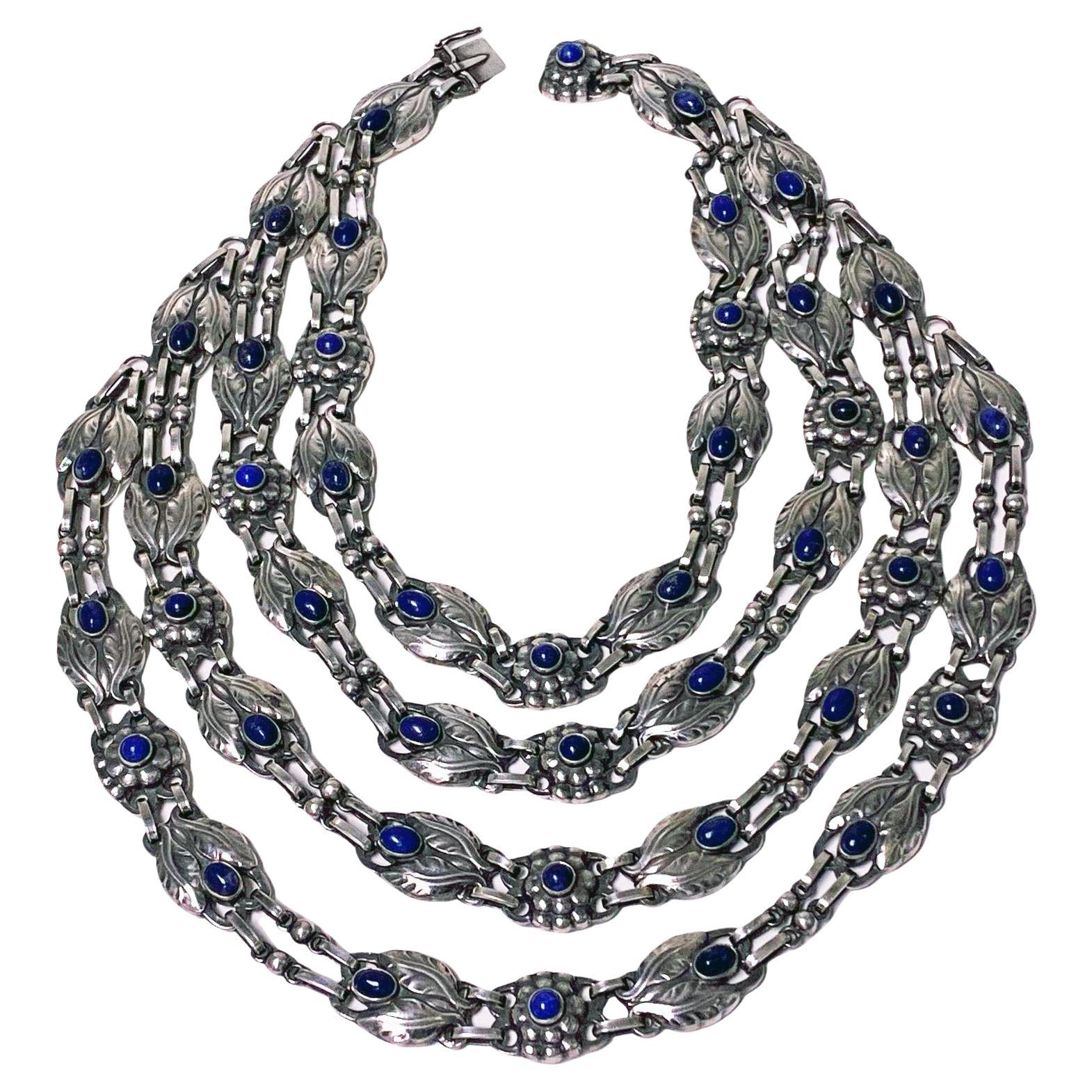 Georg Jensen 4 strand Lapis and Sterling Silver Necklace C.1933 For Sale