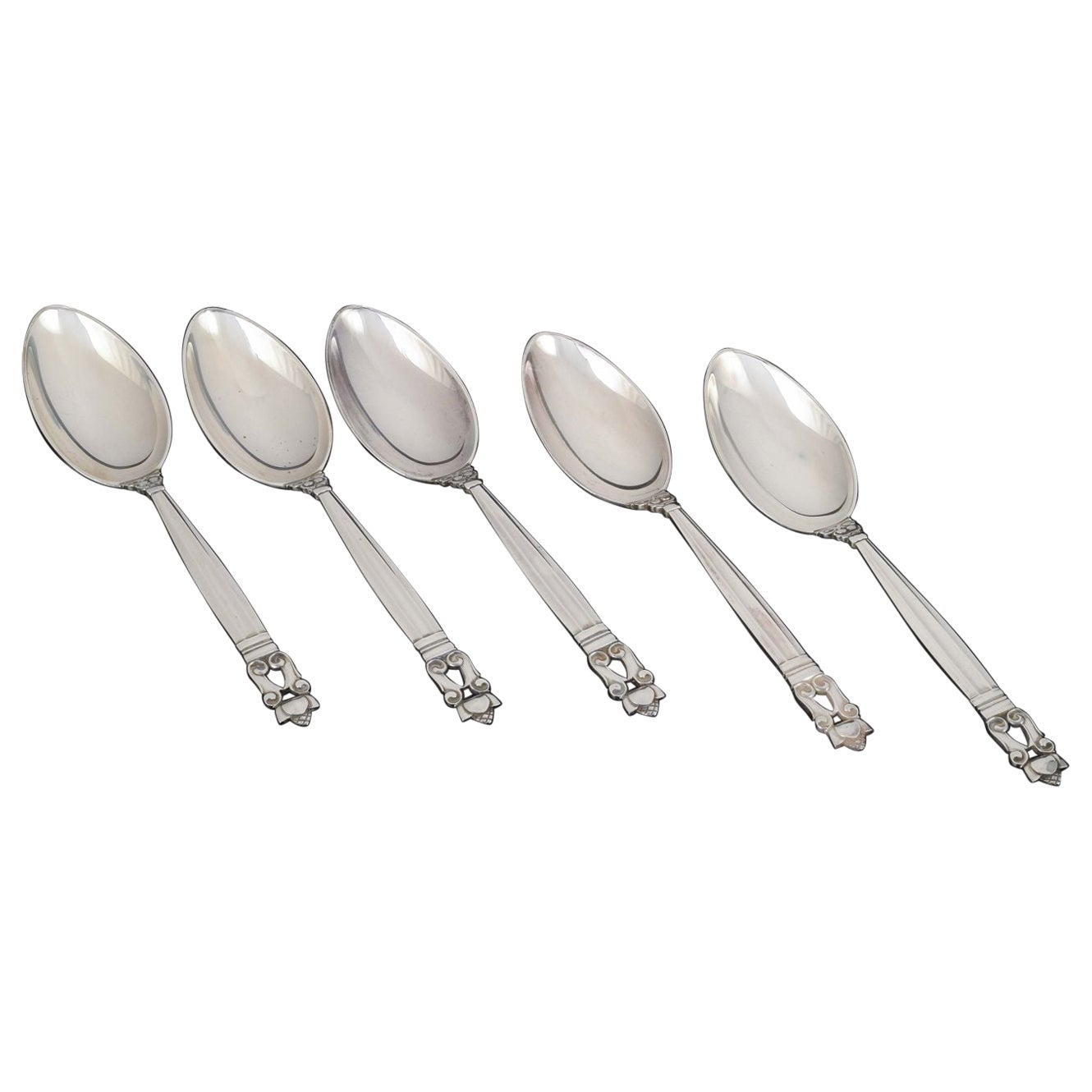 Georg Jensen. 5 dessert spoons, “Acorn / Konge”. Sterling silver, after 1944. For Sale