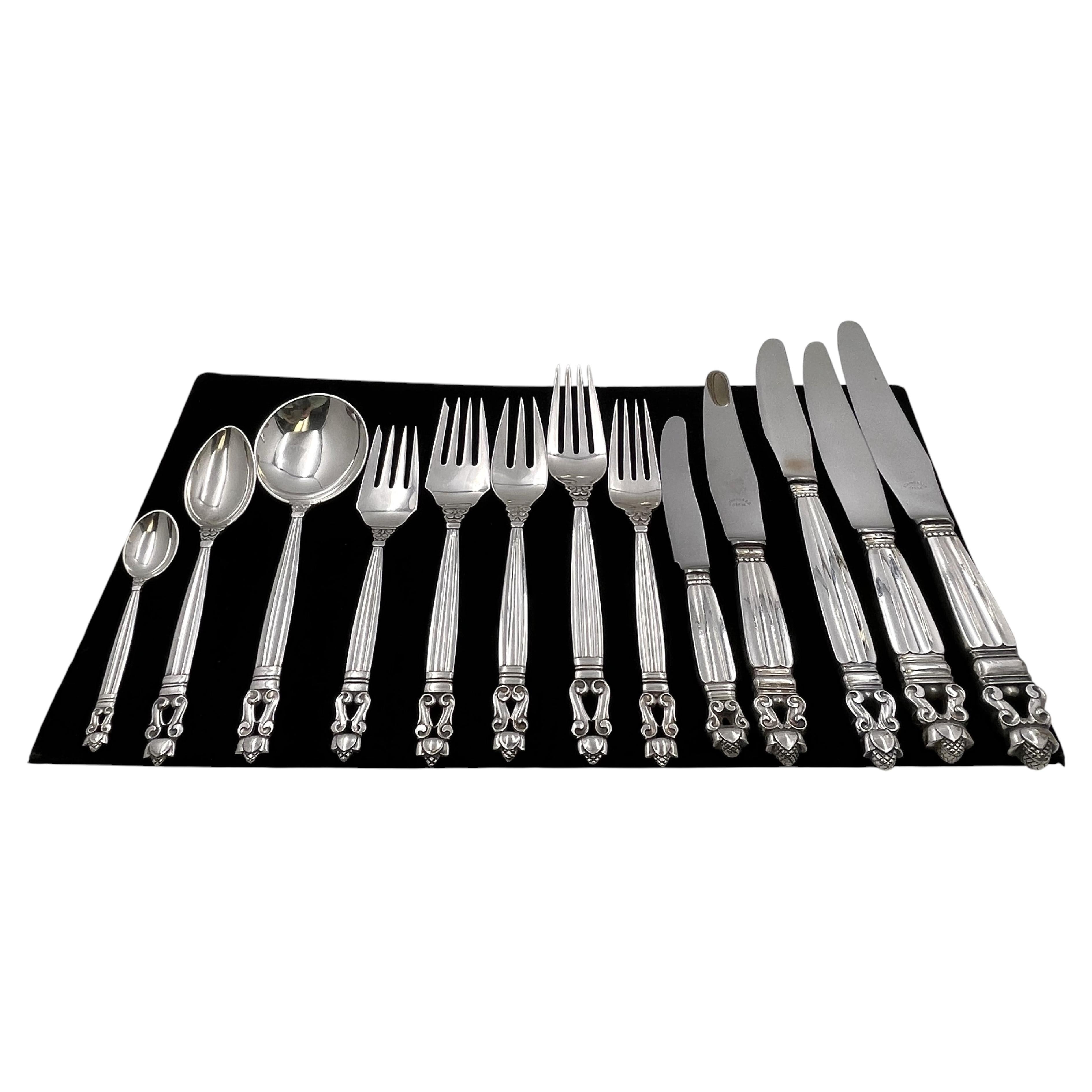 Pre-owned Georg Jensen 52-piece Sterling Silver Flatware Set In Acorn Pattern In Black