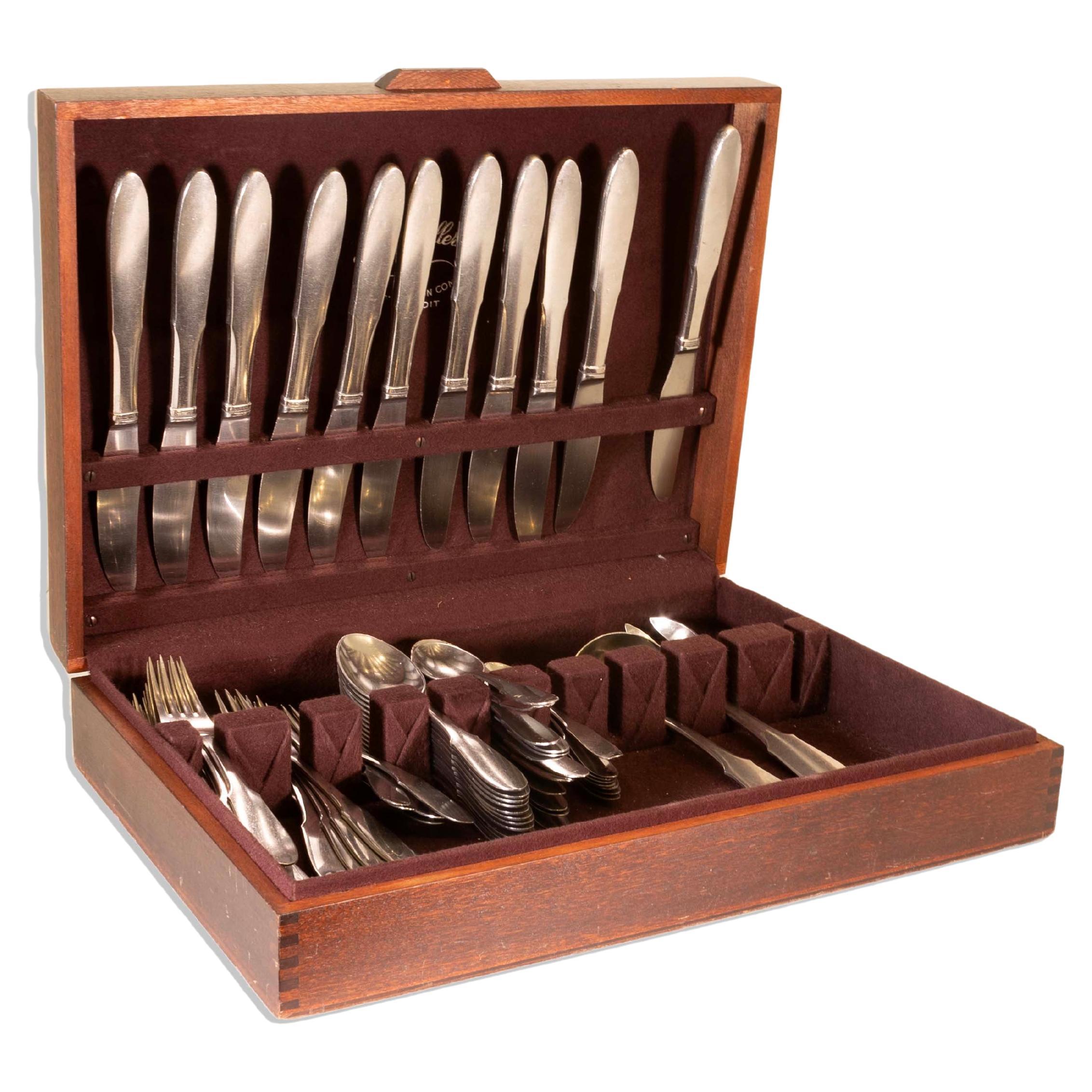 Georg Jensen 70 Piece Stainless Steel Satin Mitra Pattern Silverware Set For Sale