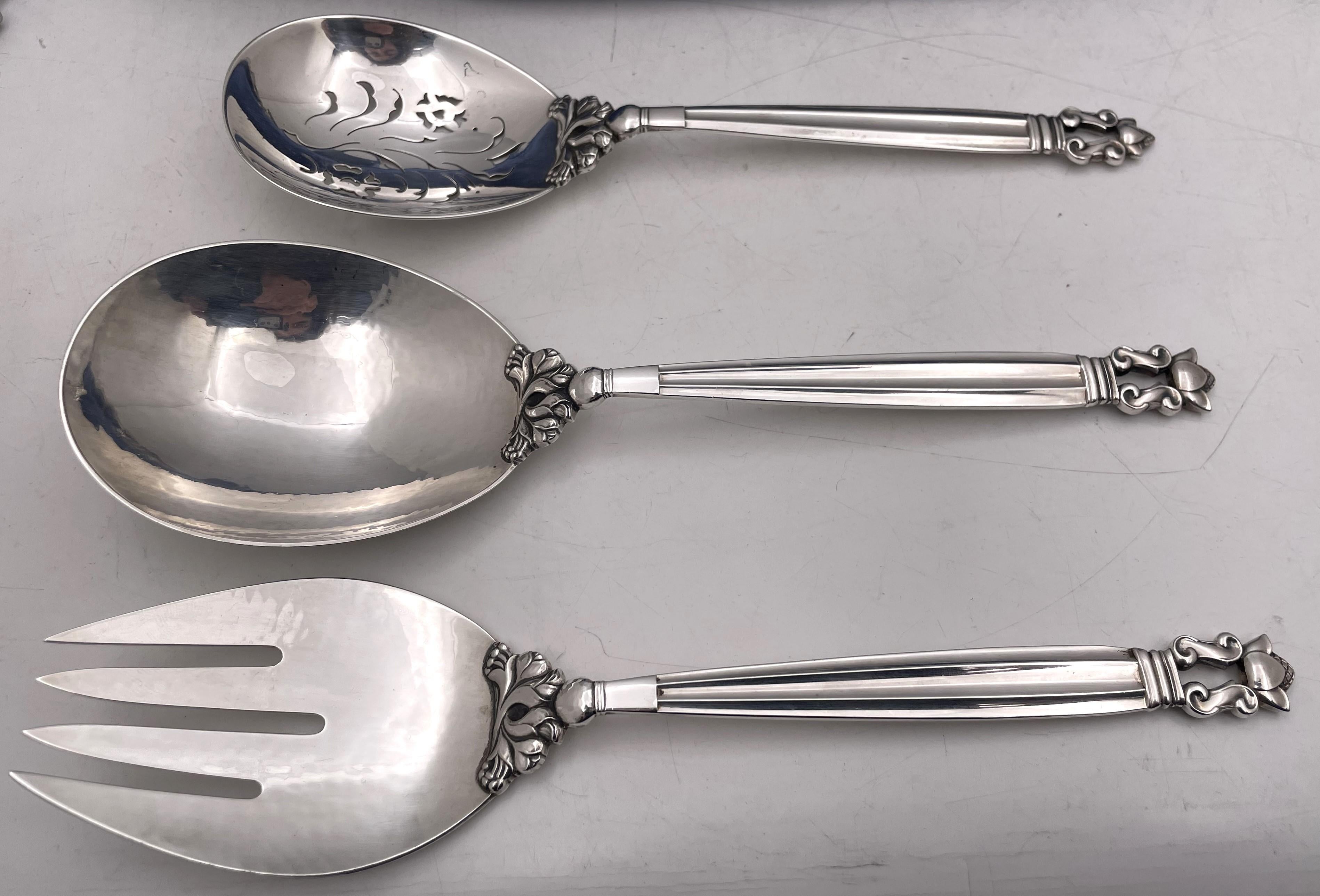 Georg Jensen 76-Piece Sterling Silver Flatware Set in Acorn Pattern for 12 In Good Condition For Sale In New York, NY