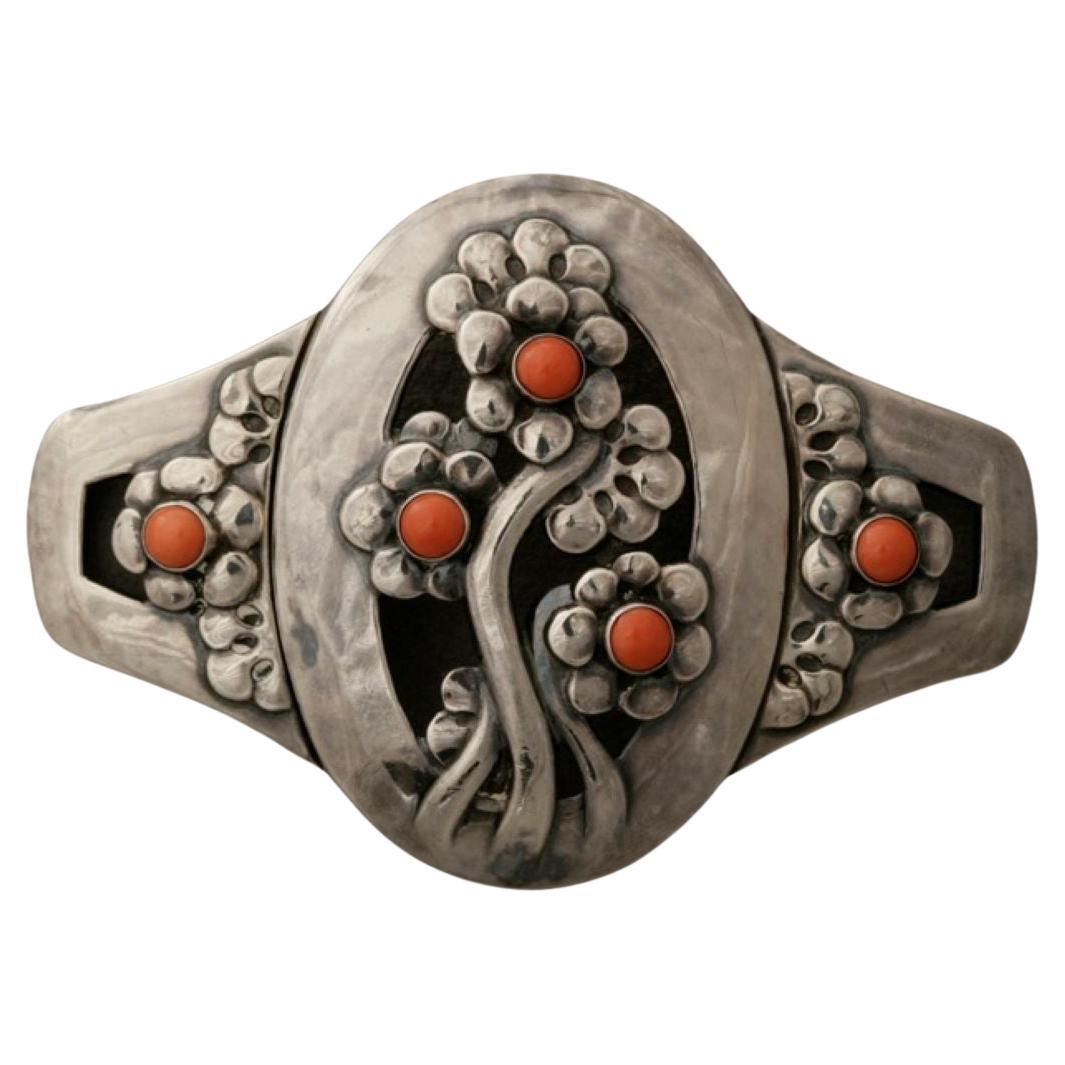 Georg Jensen 826 Silver Antique Belt Buckle with Coral For Sale