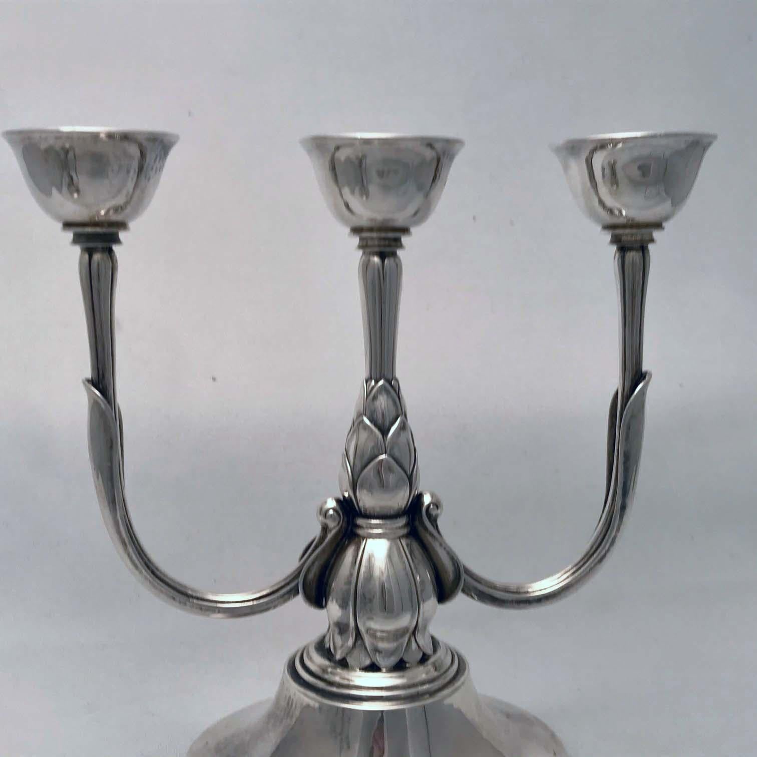 Georg Jensen, a Pair of Three Light Sterling Candelabra For Sale 2