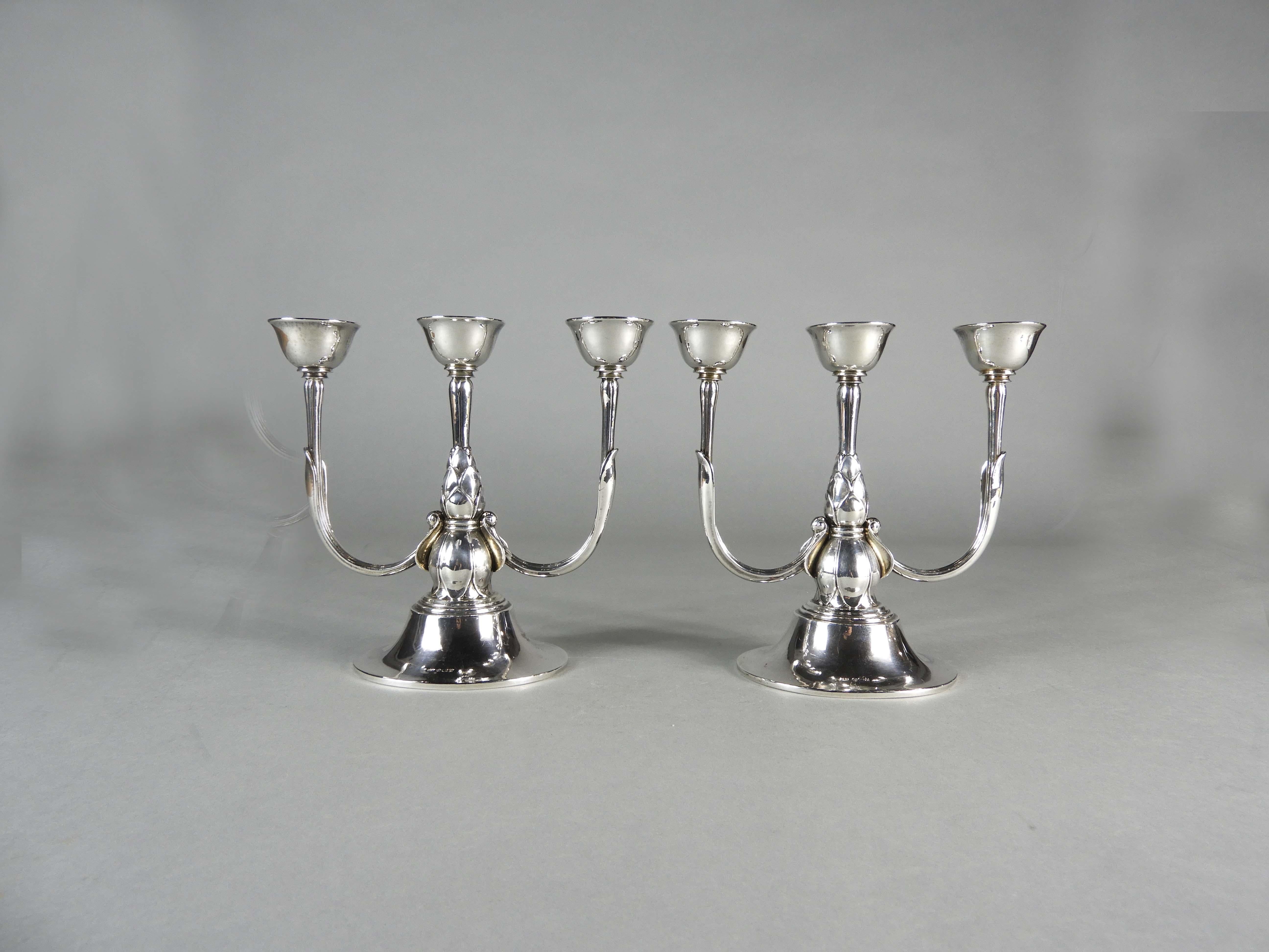 Hand-Crafted Georg Jensen, a Pair of Three Light Sterling Candelabra For Sale