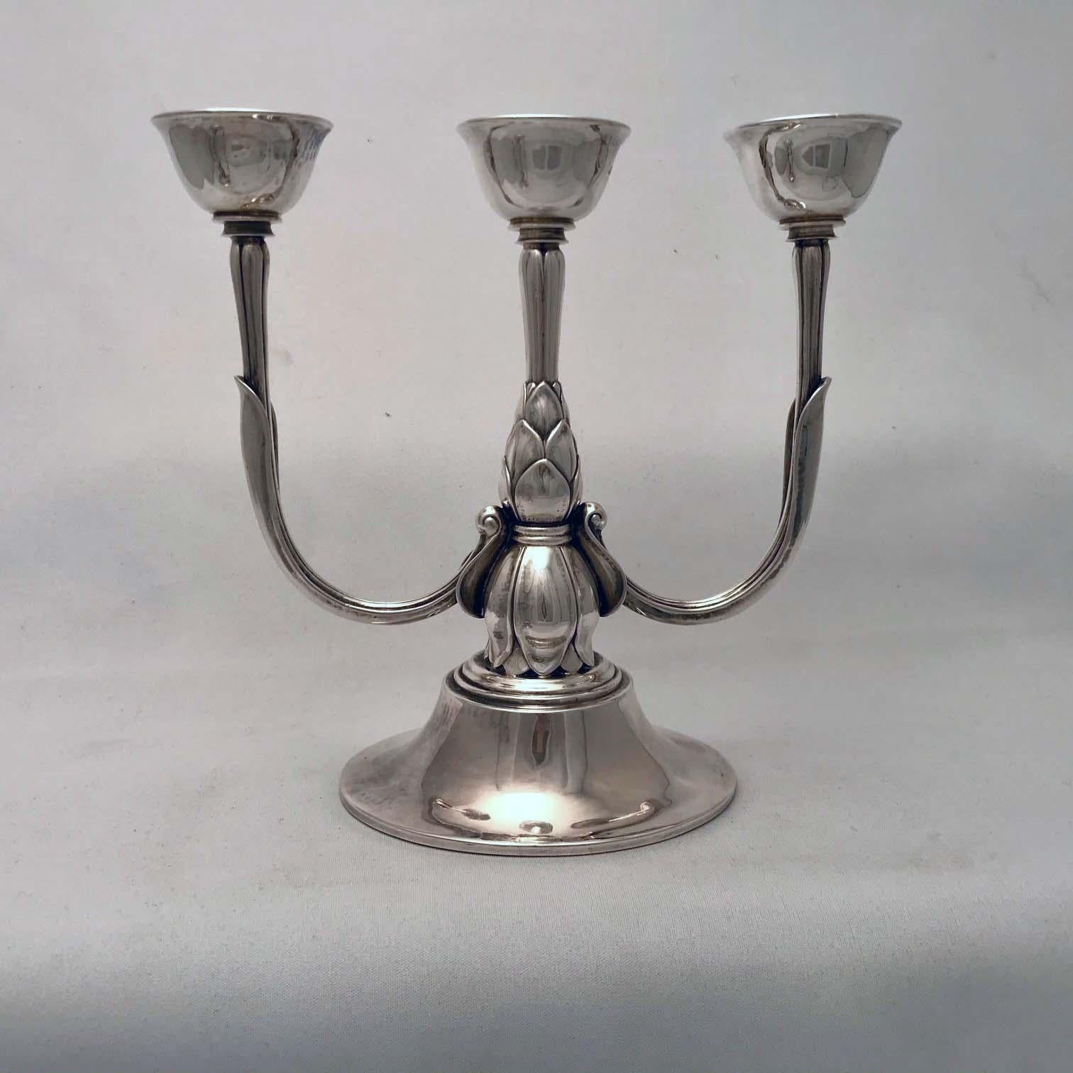 Silver Georg Jensen, a Pair of Three Light Sterling Candelabra For Sale