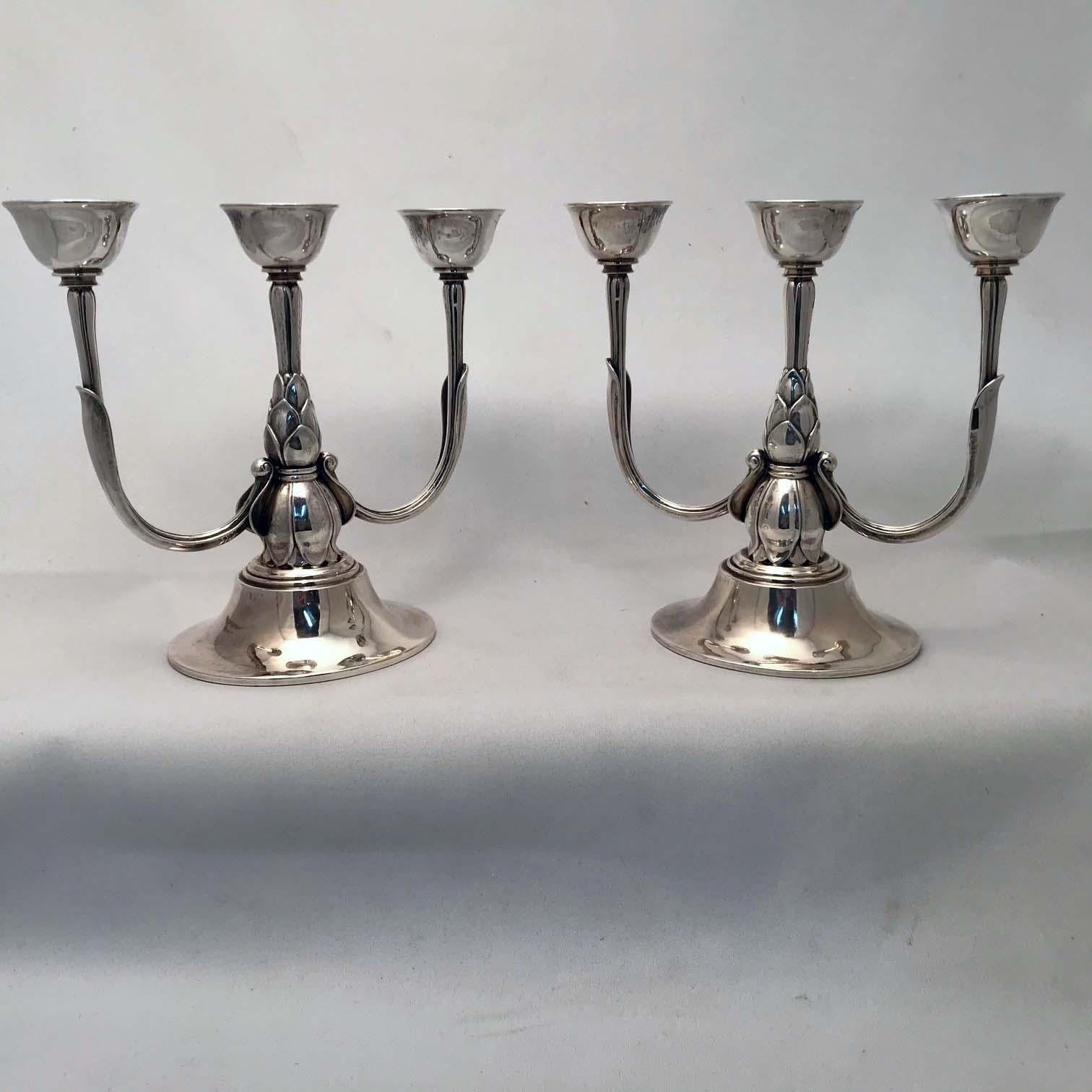 Early 20th Century Georg Jensen, a Pair of Three Light Sterling Candelabra For Sale