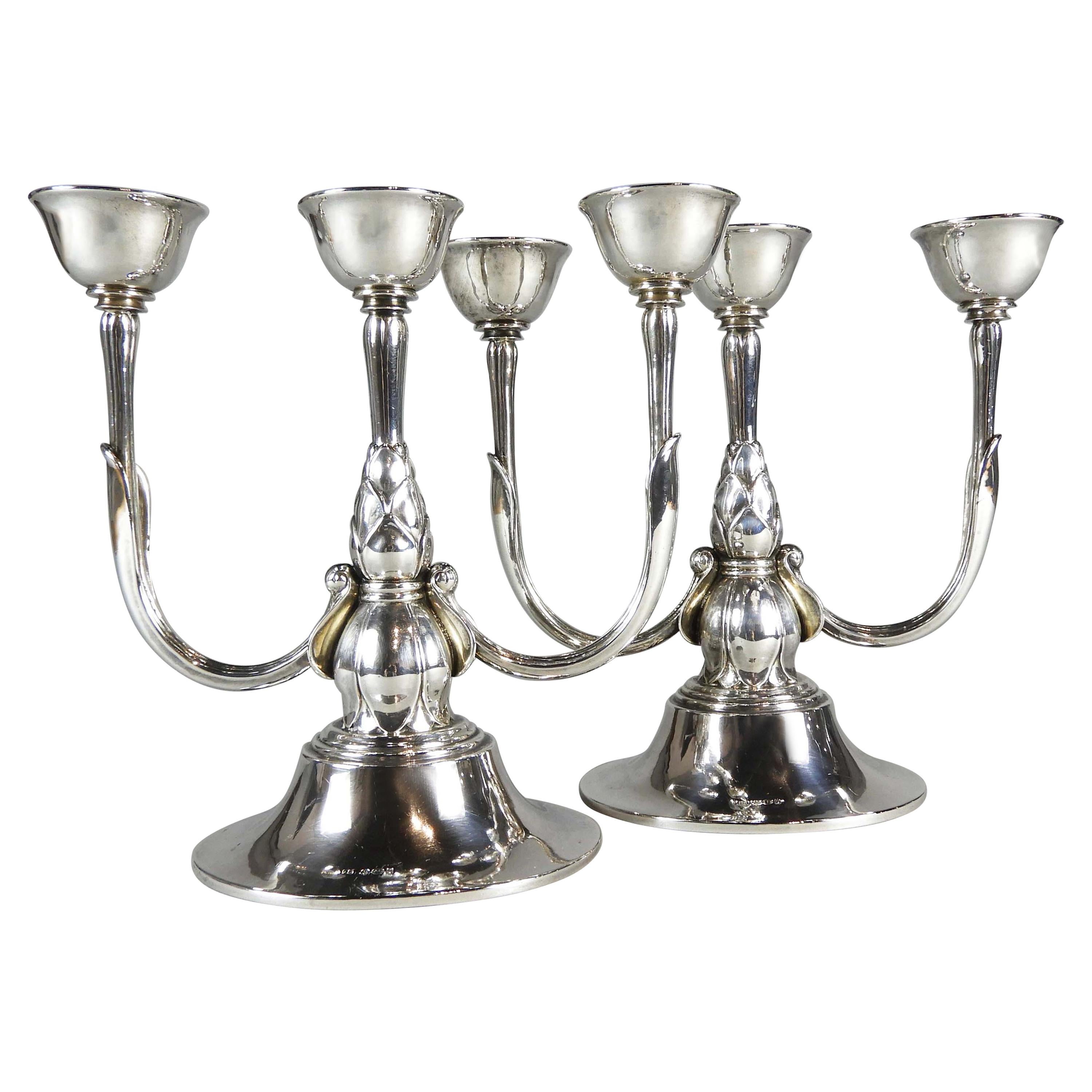 Georg Jensen, Pareja de Candelabros de Tres Luces de Plata de Ley