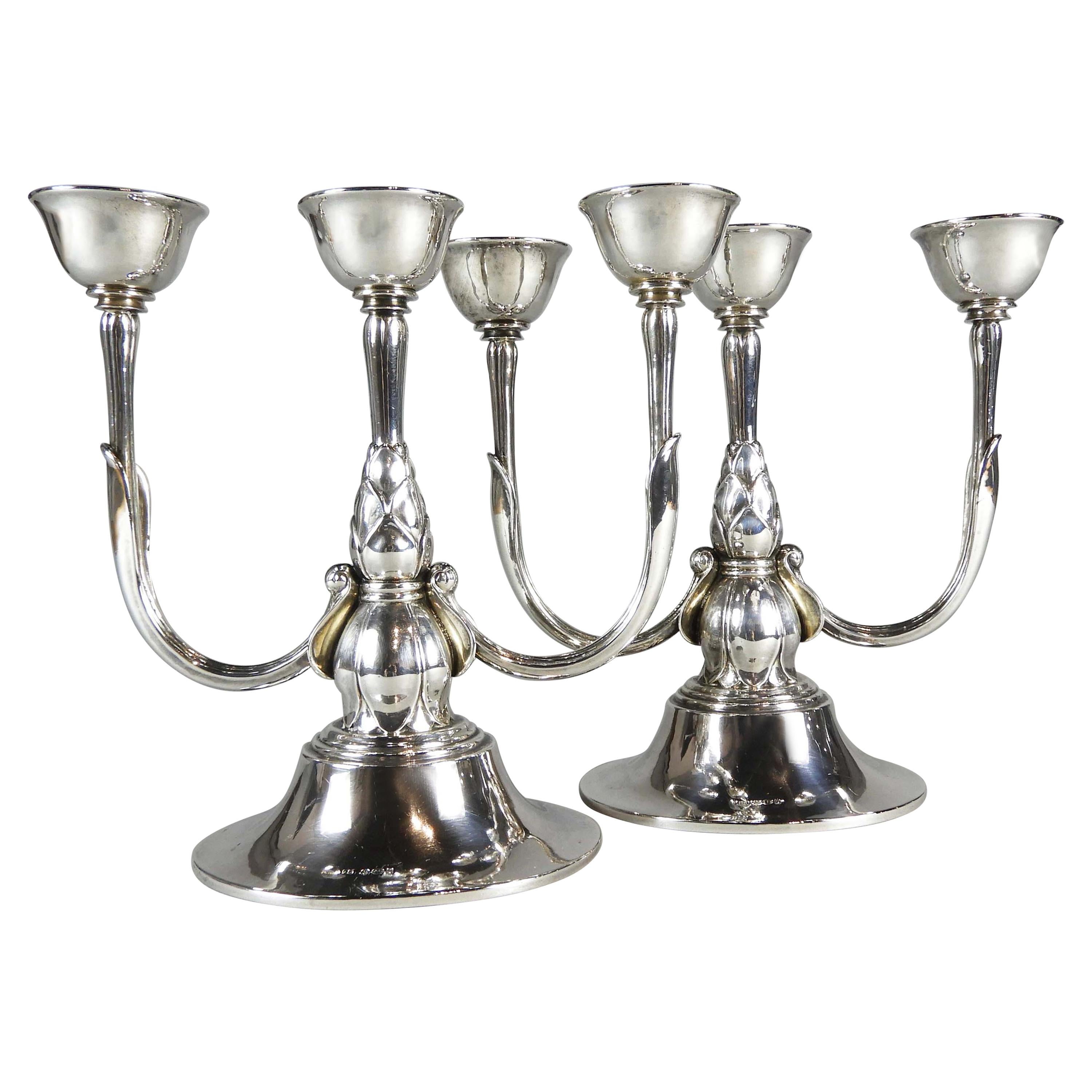 Georg Jensen, a Pair of Three Light Sterling Candelabra