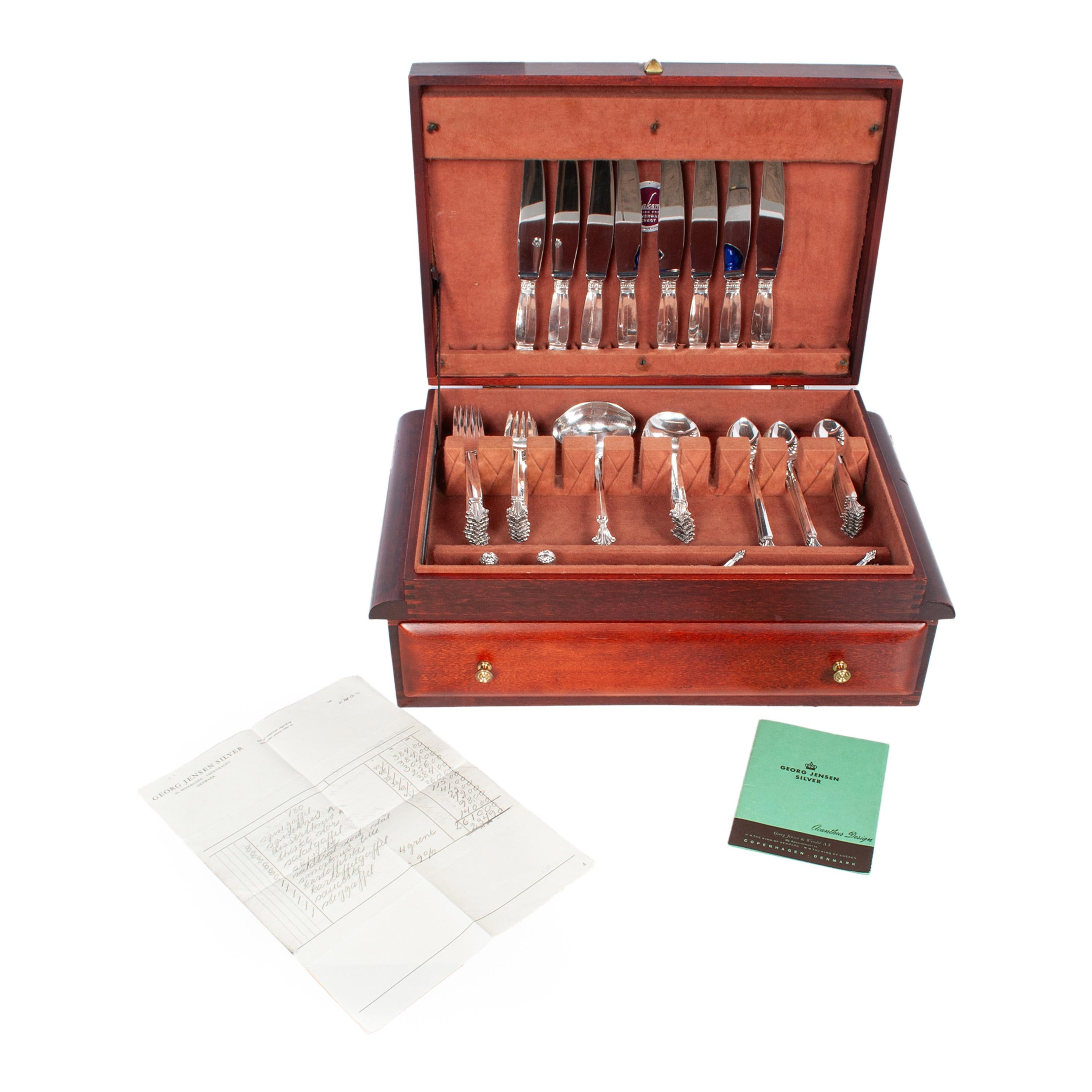 Mid-Century Modern Georg Jensen Acanthus Danish Sterling Silver 69 Piece Flatware Dining Set for 8