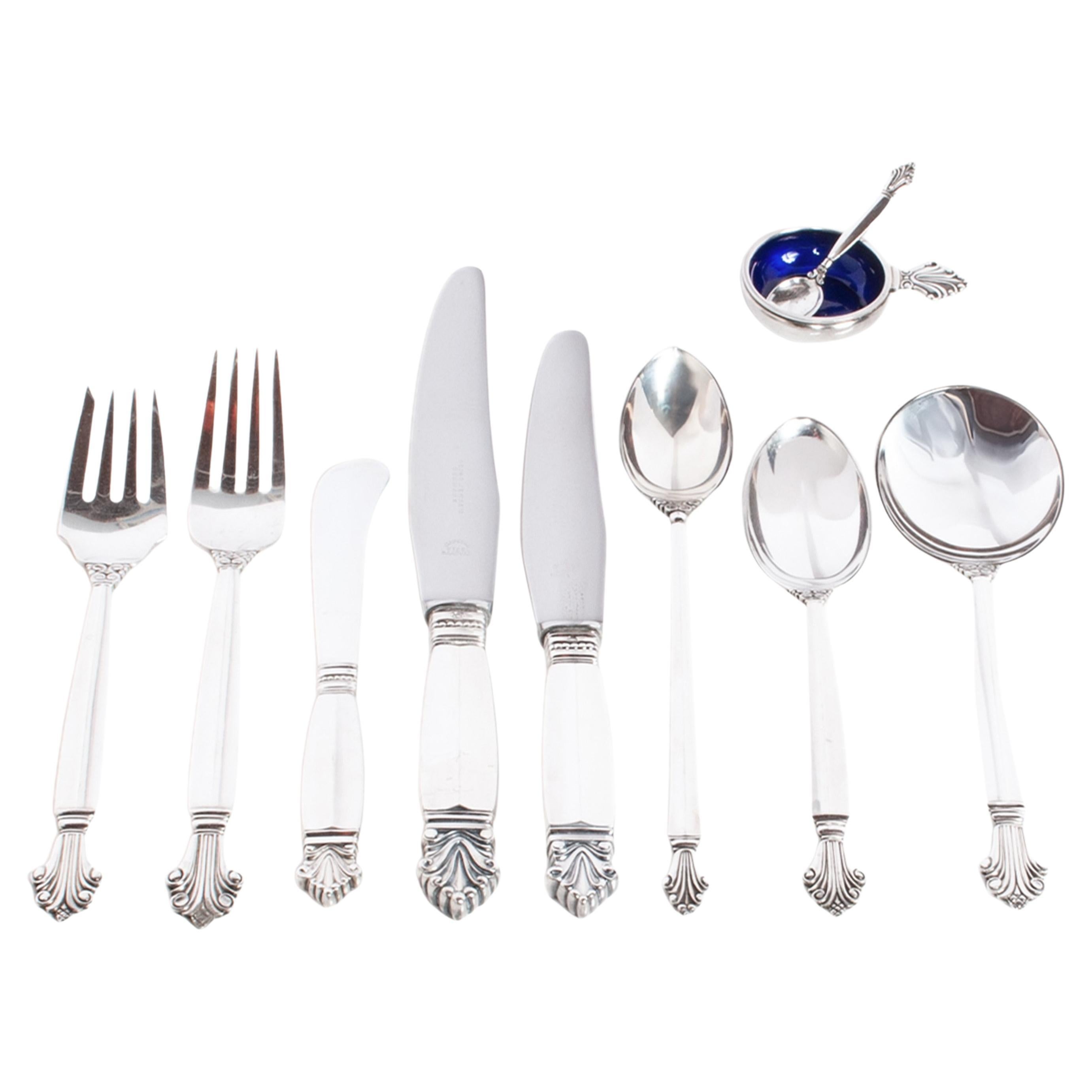 Mid-20th Century Georg Jensen Acanthus Danish Sterling Silver 69 Piece Flatware Dining Set for 8