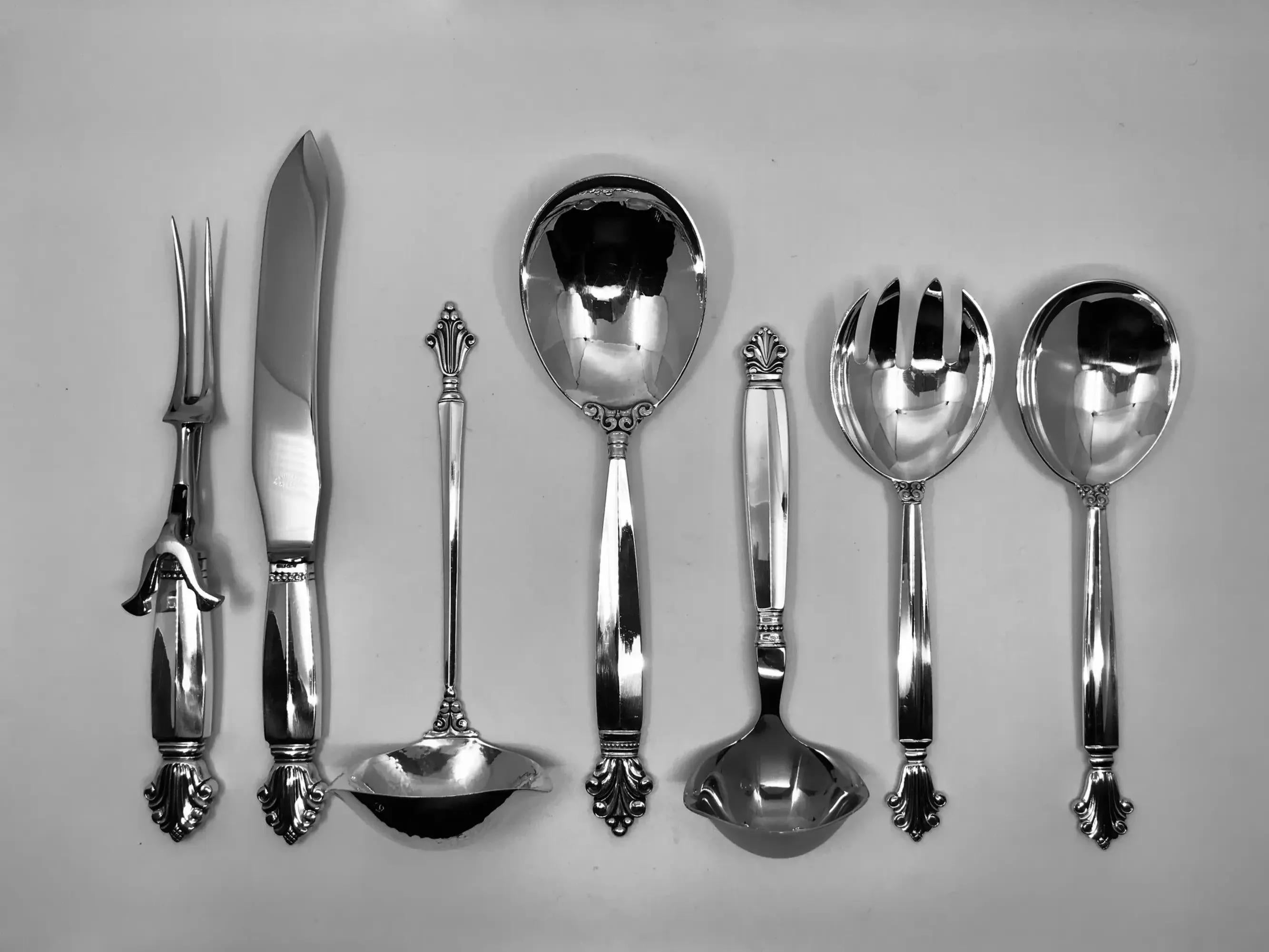 A very large 159 piece set of Georg Jensen sterling silverware in the Acanthus pattern, design by Johan Rohde from 1917. Acanthus is the sister pattern to Johan Rohde’s famous Acorn silverware; The original Danish name for Acorn is “Konge” (King),